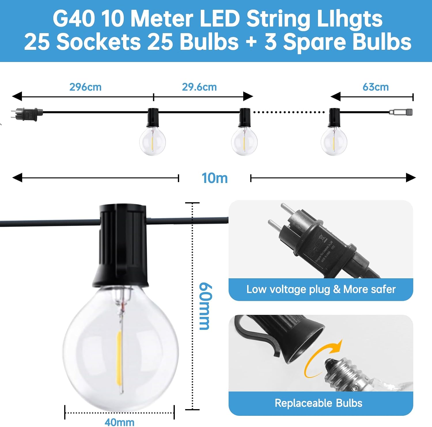 Detalle de SON4SUN Lichterkette für außen (10 m) mit 25+3 G40 LEDs, IP44, warmweiß – anschließbar