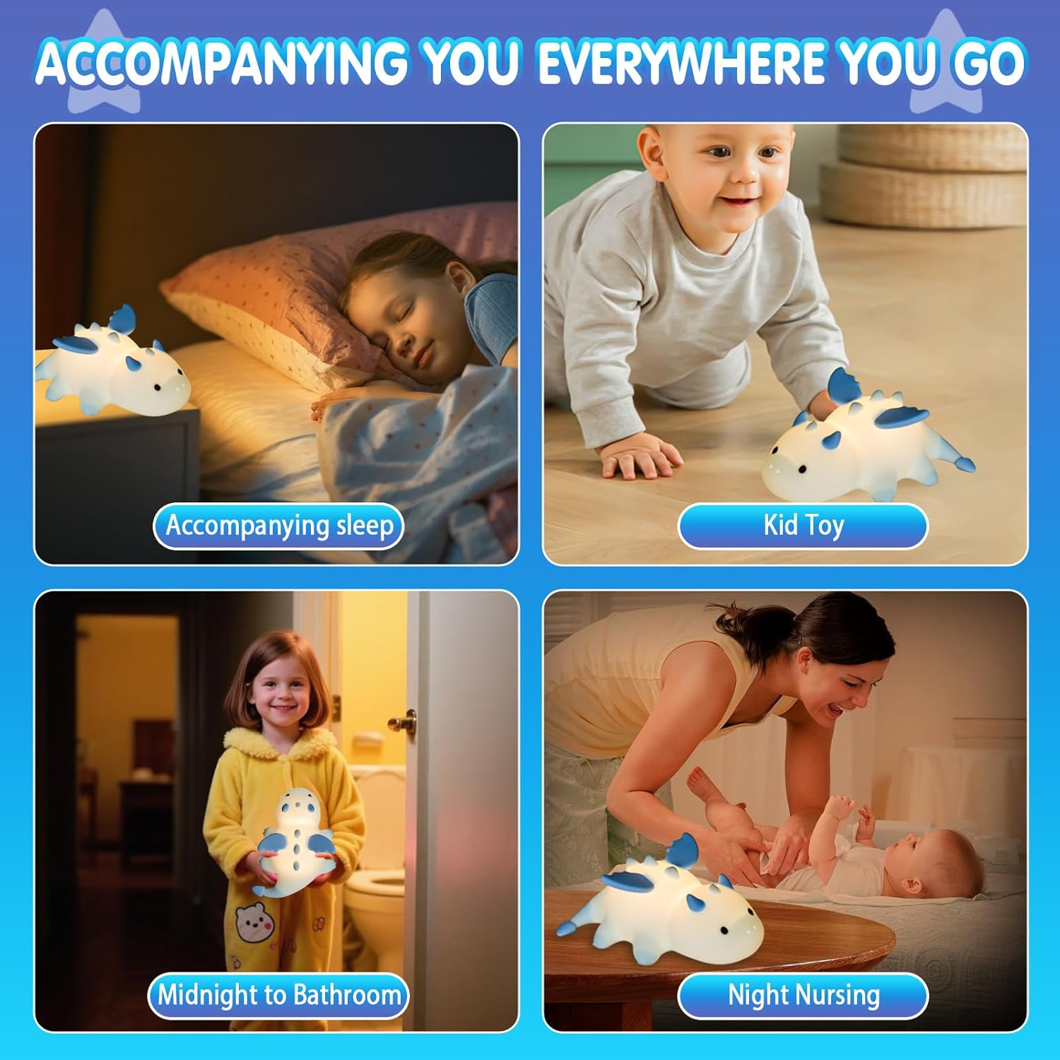 Thumbnail 6 de Drepint Nachtlicht Kinder – Dimmbare Drachen-Nachtlampe aus Silikon, wiederaufladbar, 7 Farben, 3 Helligkeiten, 30-min. Timer