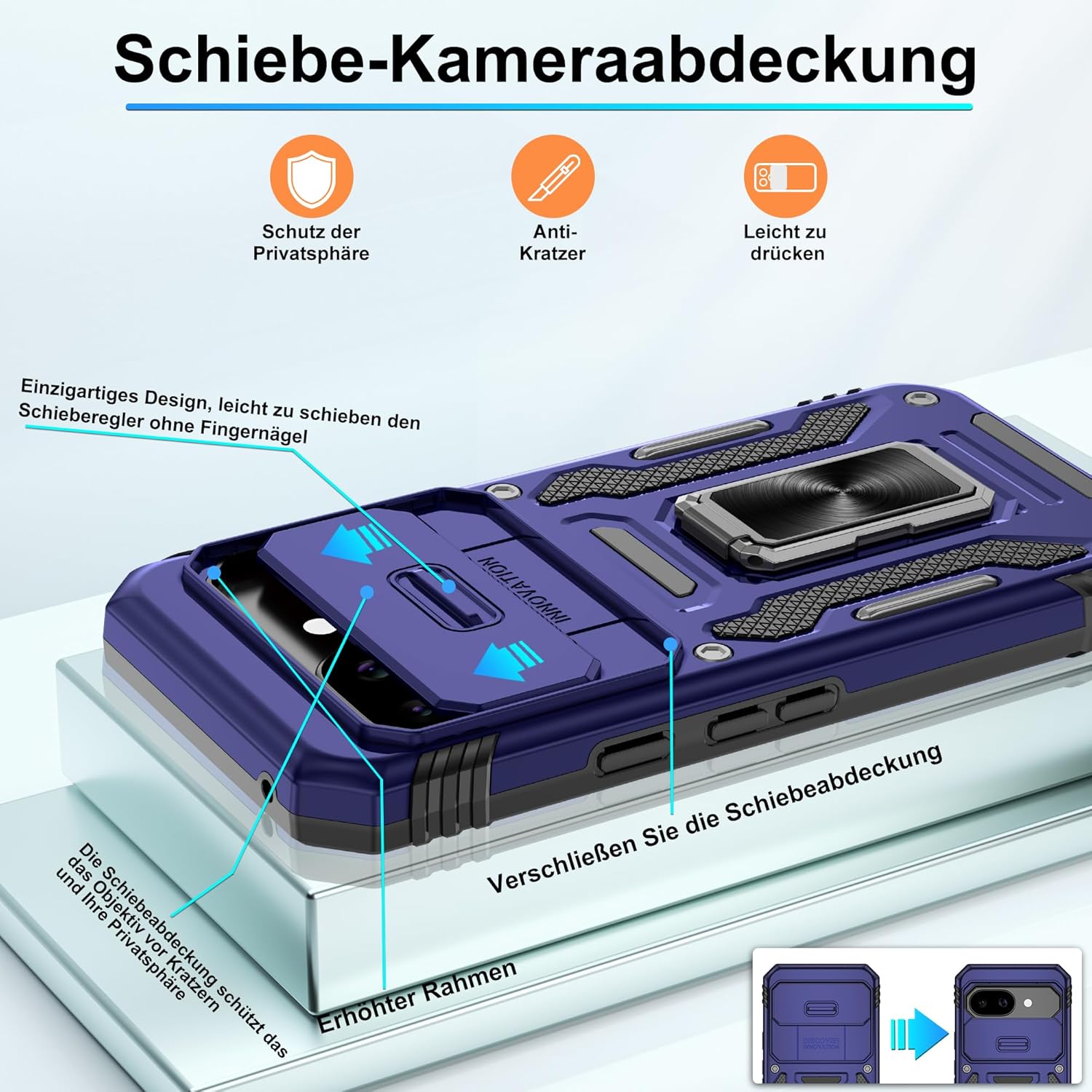 Detalle de Jshru Handyhülle für Google Pixel 9a – 360° Ständer, Kamera-Schutz, inkl. 2 Schutzfolien, blau