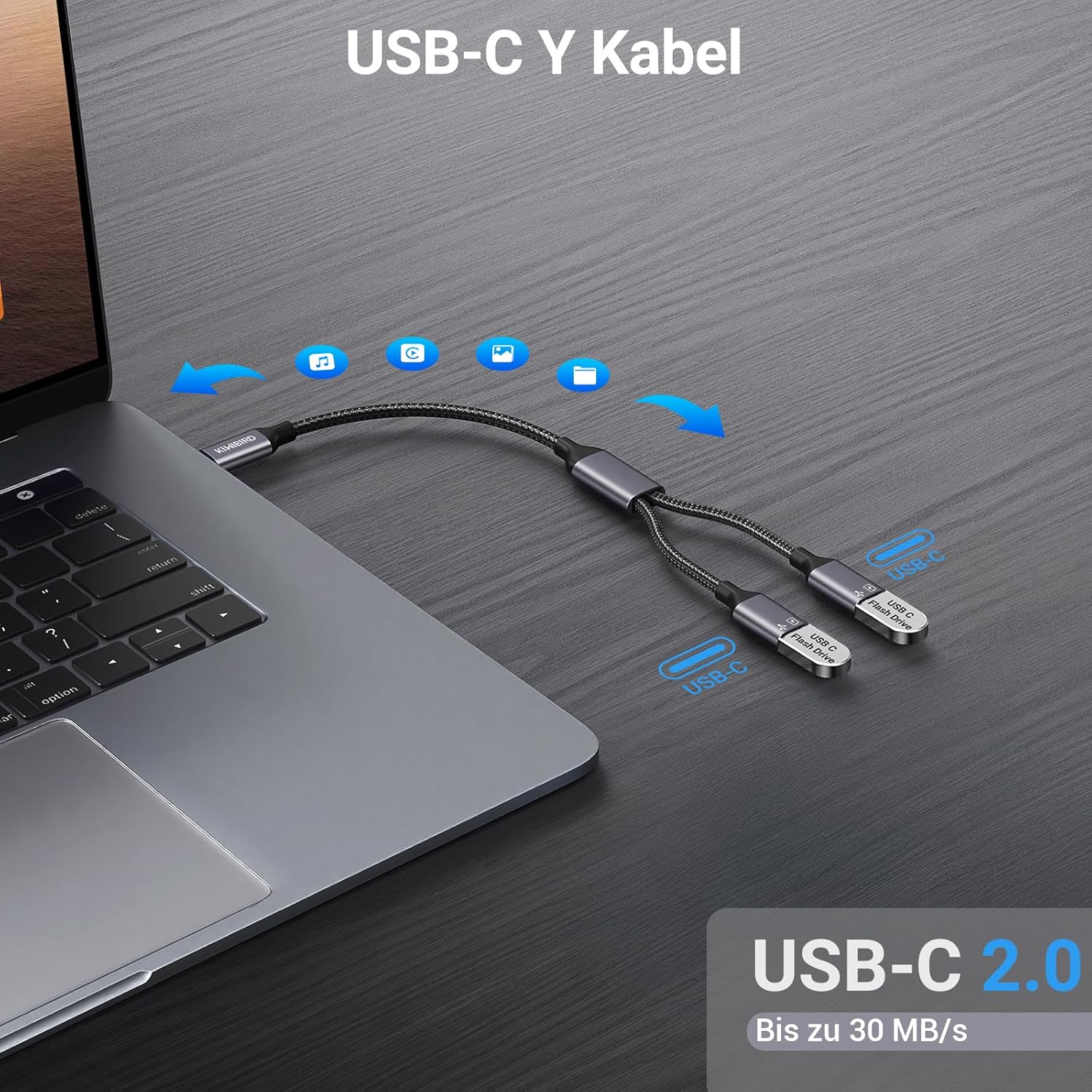 Thumbnail 5 de KiWiBiRD USB-C Y-Kabel Doppelstecker 1 auf 2 – USB-C Splitter für Laden und Daten (bis zu 30 MB/s, 1,5 A)