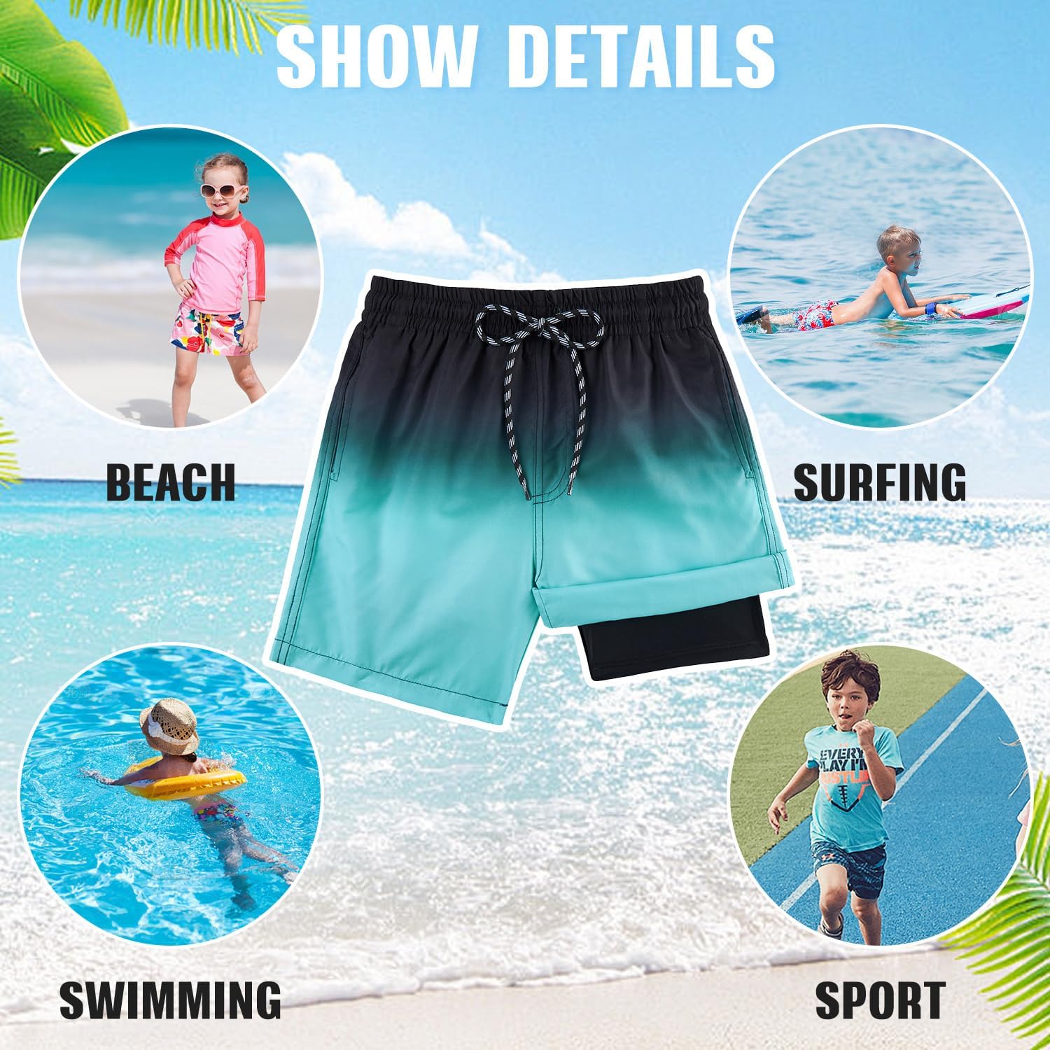 Detalle de Kids4ever Boys Swim Trunks Quick Dry with Compression Liner – 7-18 Years