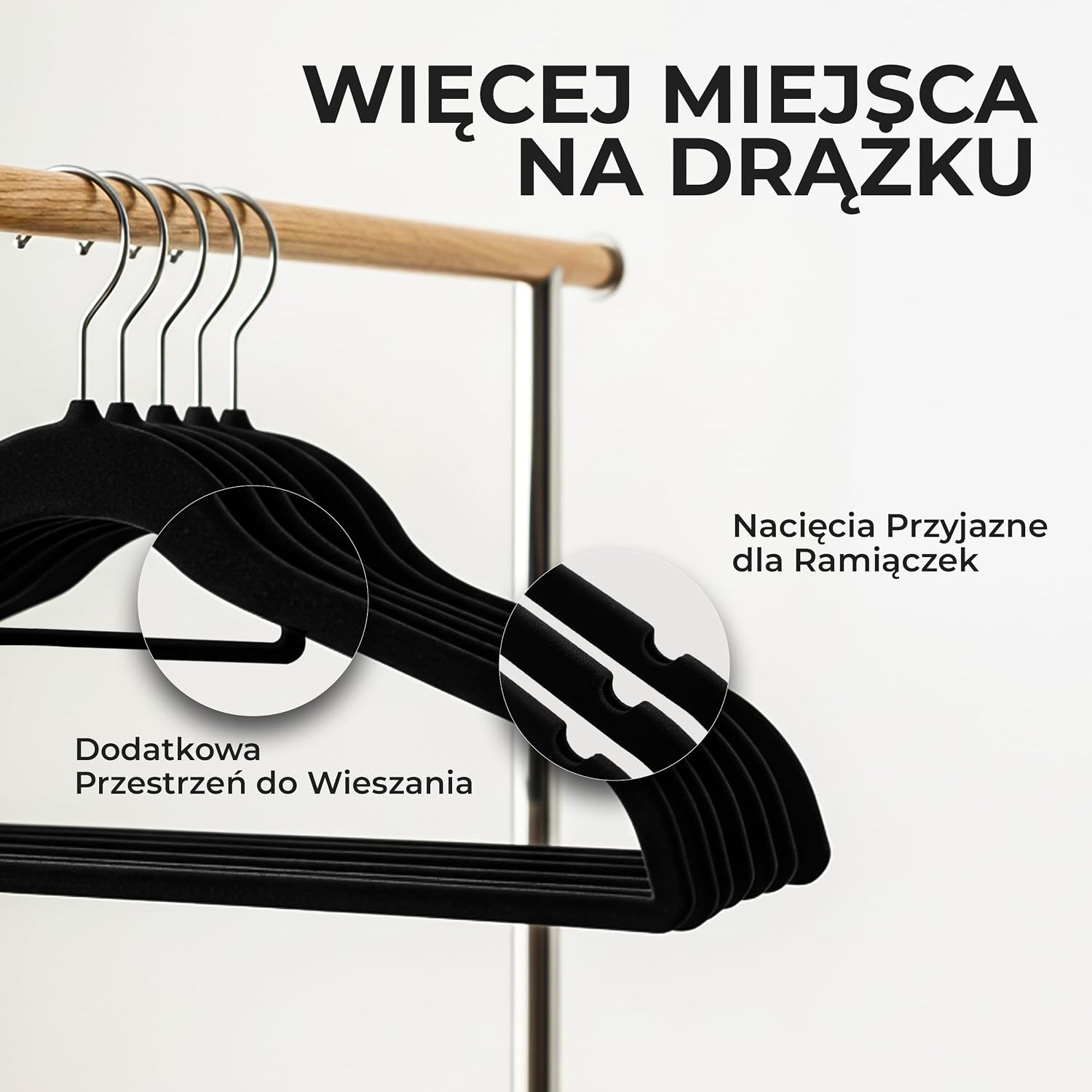 Detalle de Utopia Home Premium – czarne wieszaki aksamitne, 50 szt., antypoślizgowe, haczyk 360°