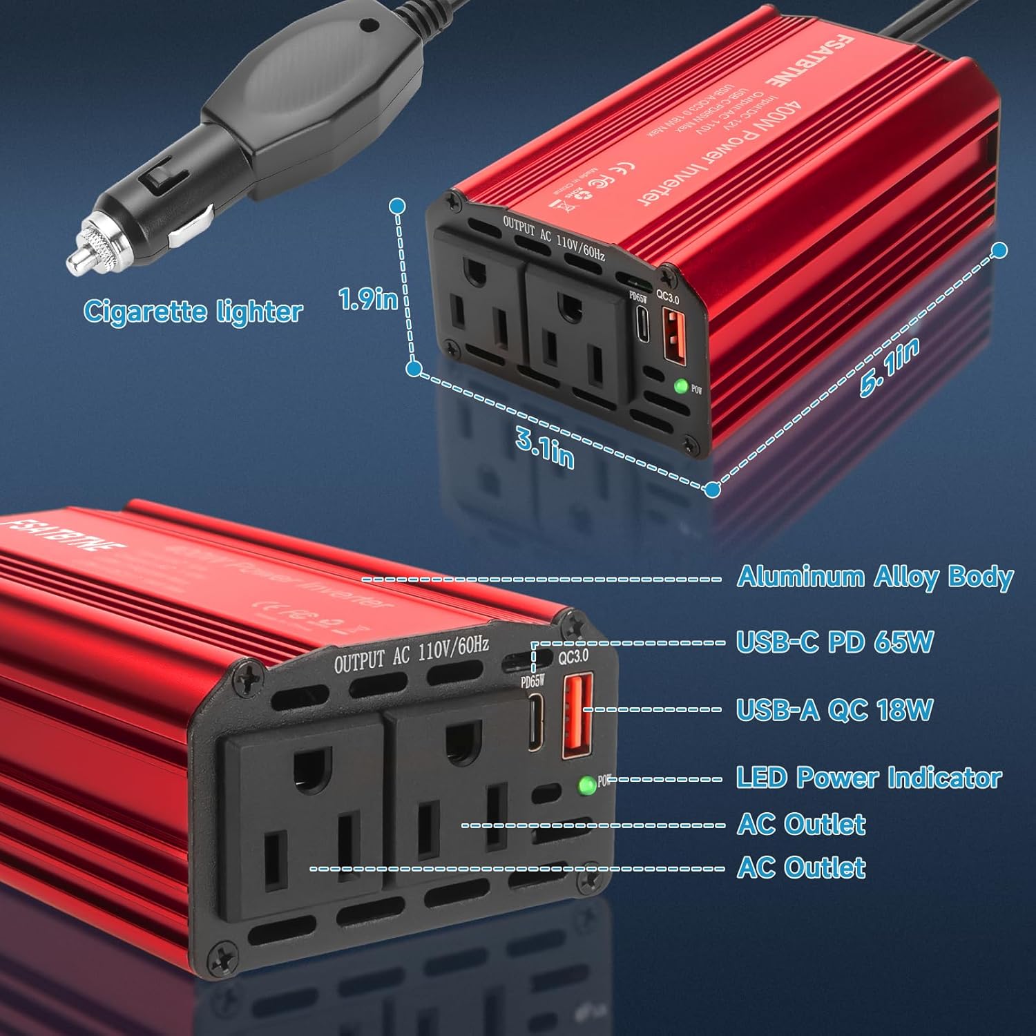 Detalle de FSATBTNE 400W Power Inverter (DC 12V to 110V AC) with 65W USB-C, 18W USB-A, and 2 AC Outlets