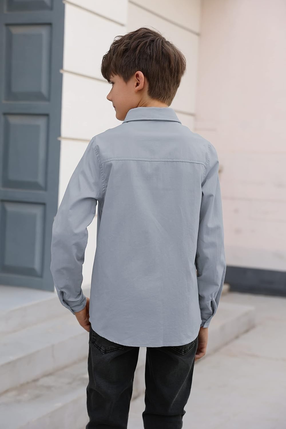 Detalle 2 de Haloumoning jongensshirt met lange mouwen van katoen, effen met borstzak