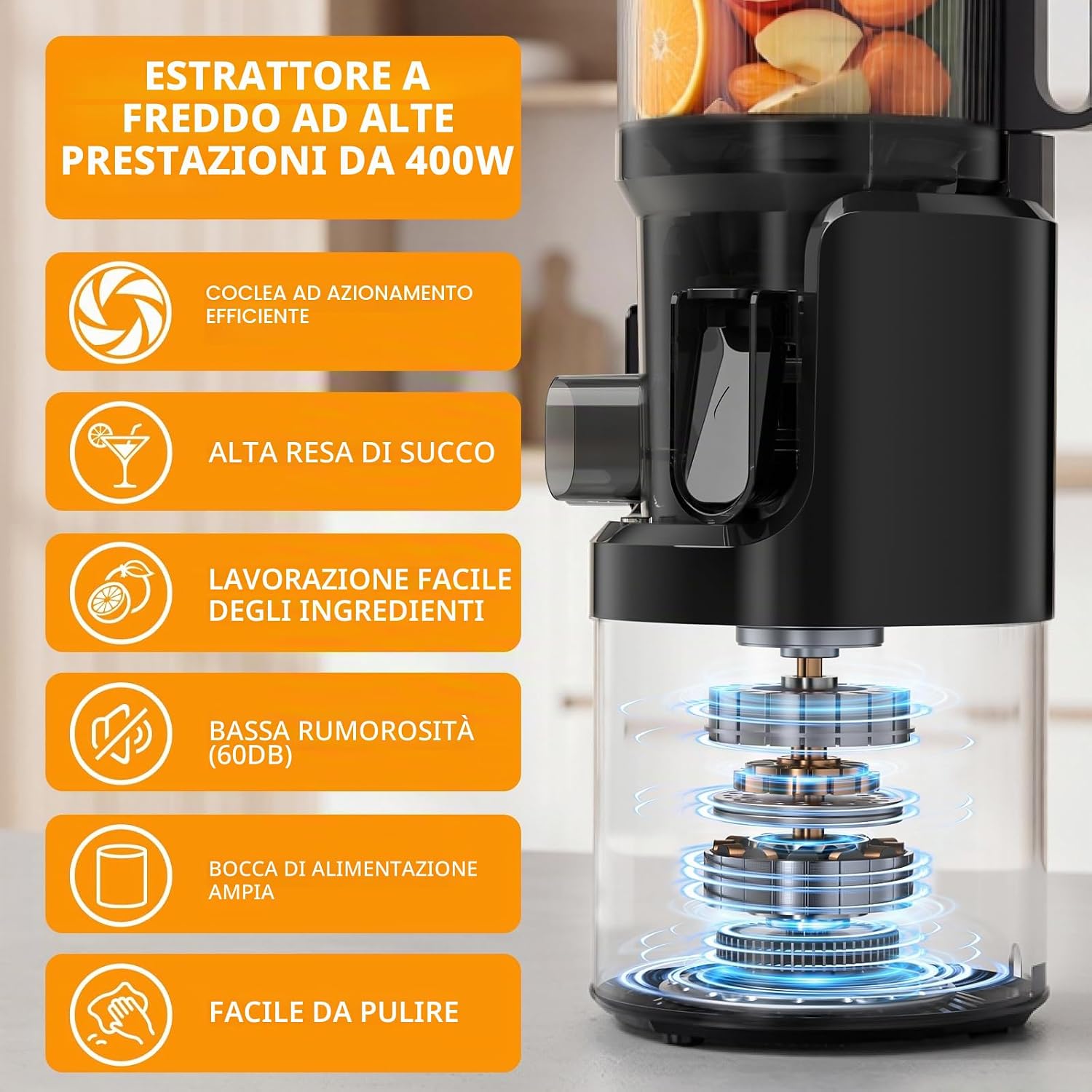 Detalle 2 de Estrattore Frutta e Verdura a Freddo 400W, Slow Juicer 3 in 1 con Bocca XL 152 mm – BPA Free, Lavabile in Lavastoviglie