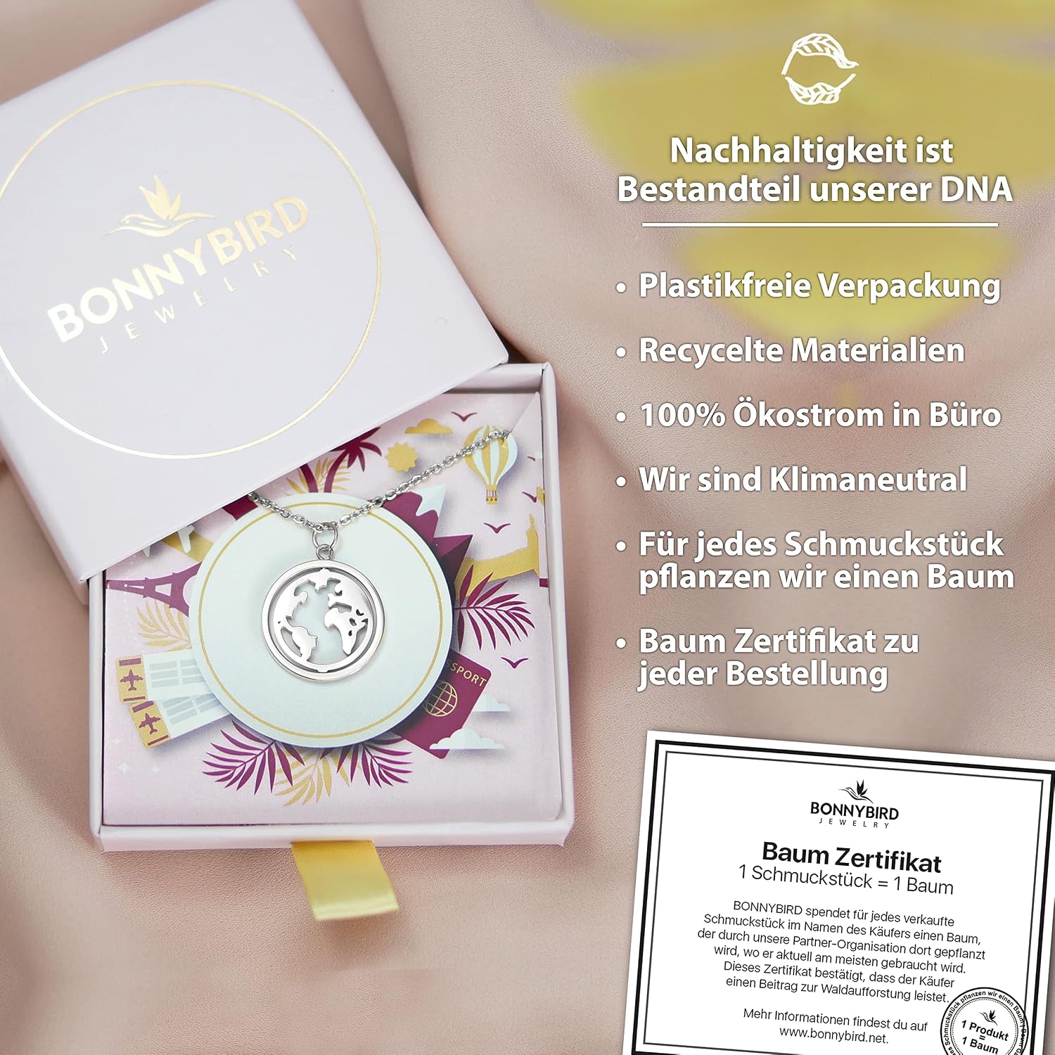 Detalle de BONNYBIRD Wasserfeste Edelstahl Halskette Damen – Weltkugel Anhänger in Silber, Gold & Roségold