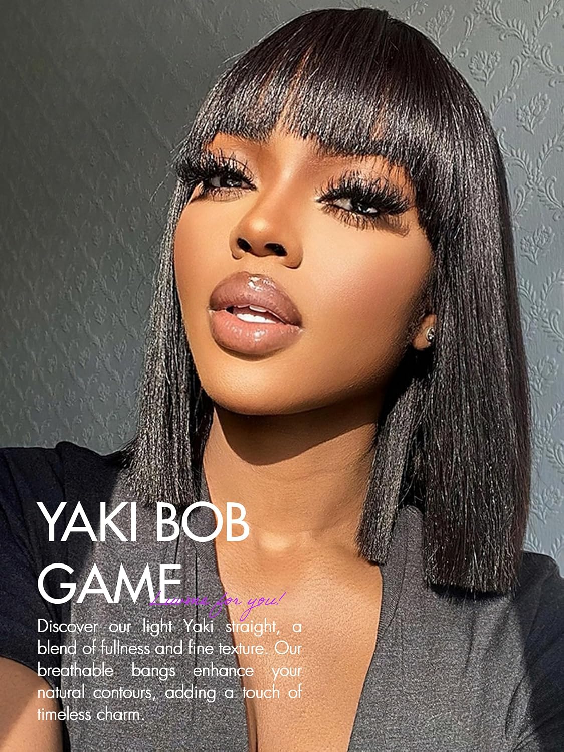 Detalle de LUVME HAIR 12 Inch Light Yaki Straight Bob Wig with Bangs – Glueless, 180 Density, Realistic HD Lace