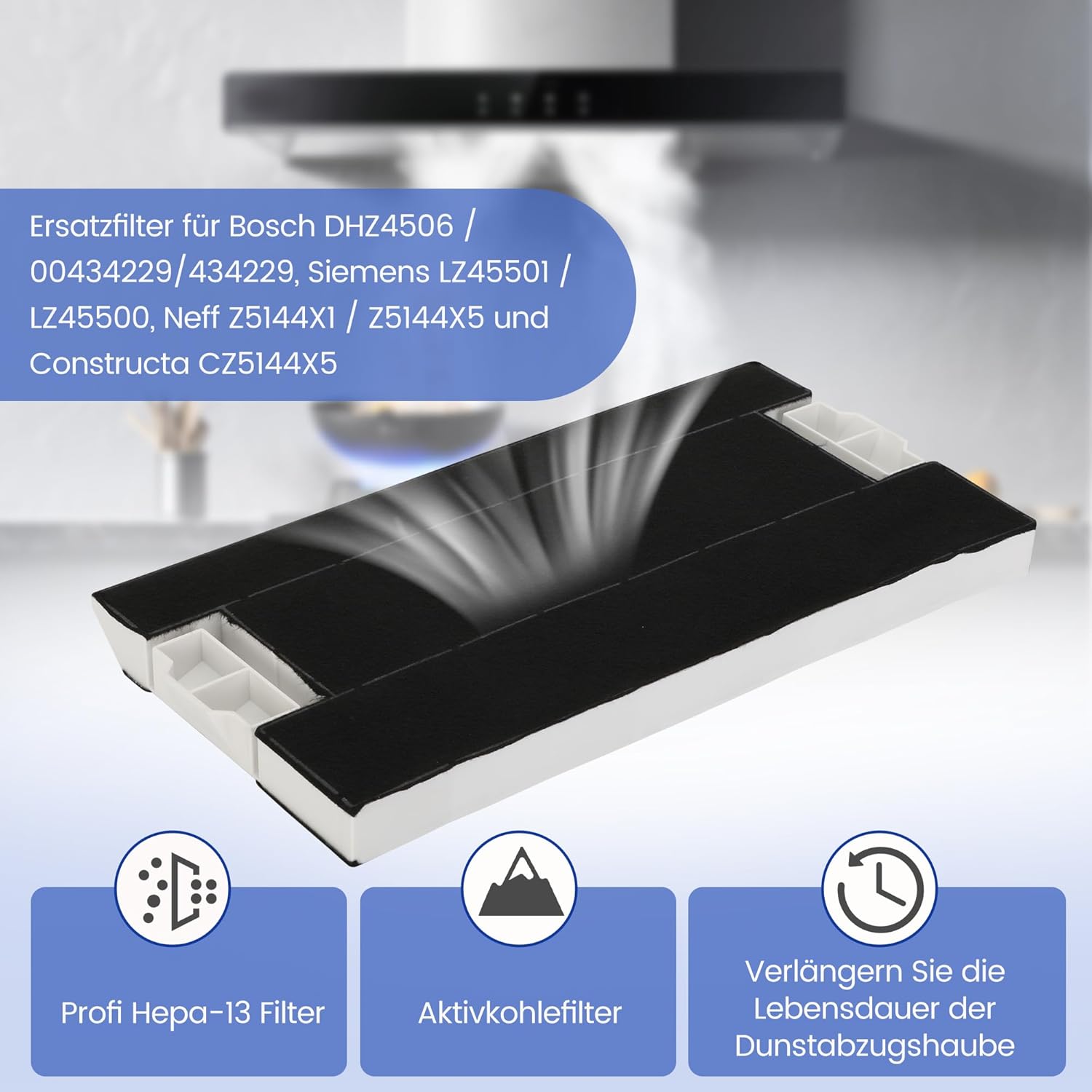 Detalle de Aktivkohlefilter für Dunstabzugshauben – kompatibel u. a. mit Bosch DHZ4506, Siemens LZ45501/45500, Neff Z5144X1/X5