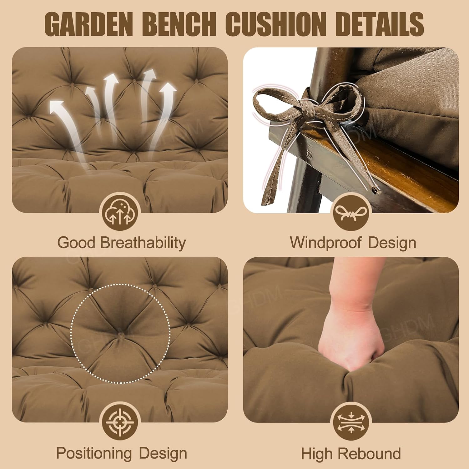 Thumbnail 2 de GHDM Garden Bench Cushion Thick 12cm Swing Cushions for 3-Seater with Backrest and Ties (150cm, Brown)