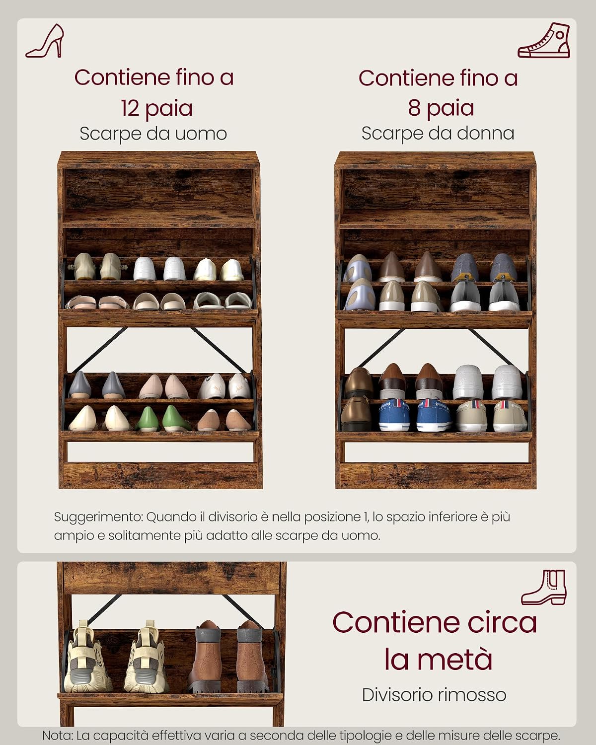 Thumbnail 5 de VASAGLE CUSTOS Collezione Scarpiera a 2 Ante a Ribalta in Marrone Vintage (LBC040X01)