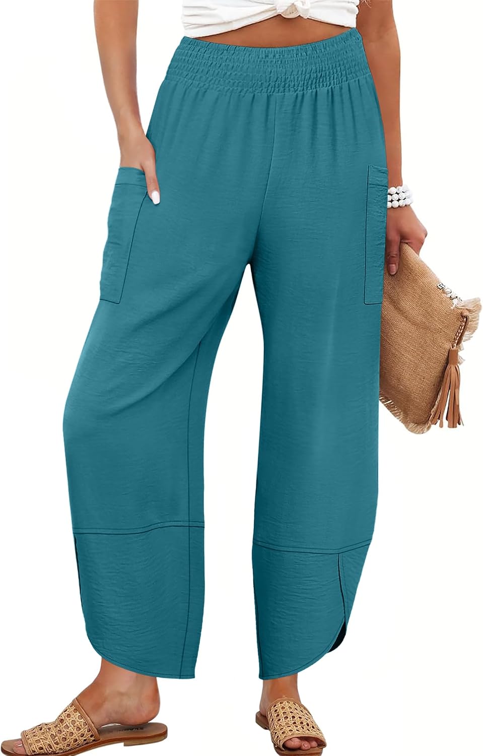 Detalle de ANRABESS Women’s Wide-Leg Palazzo Capri Pants (Summer High-Waisted) — Loose, Cropped Lounge Trousers