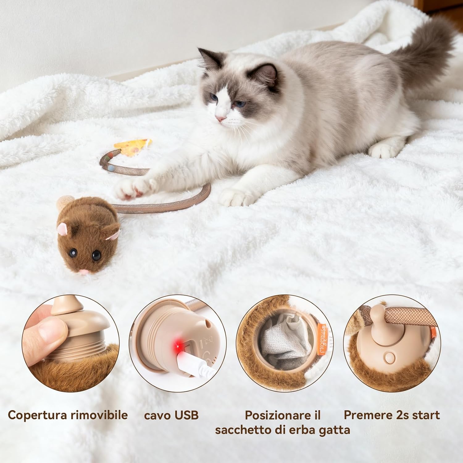 Detalle 2 de Migipaws giocattolo interattivo per gatti con topolino elettrico e coda flessibile (ricaricabile)