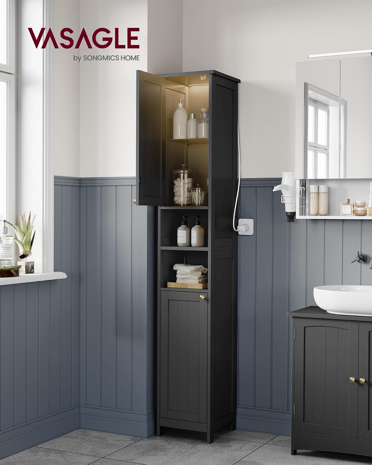 Thumbnail 1 de VASAGLE Mobile da bagno a colonna con luce BBK566BC01, nero inchiostro, 30 cm