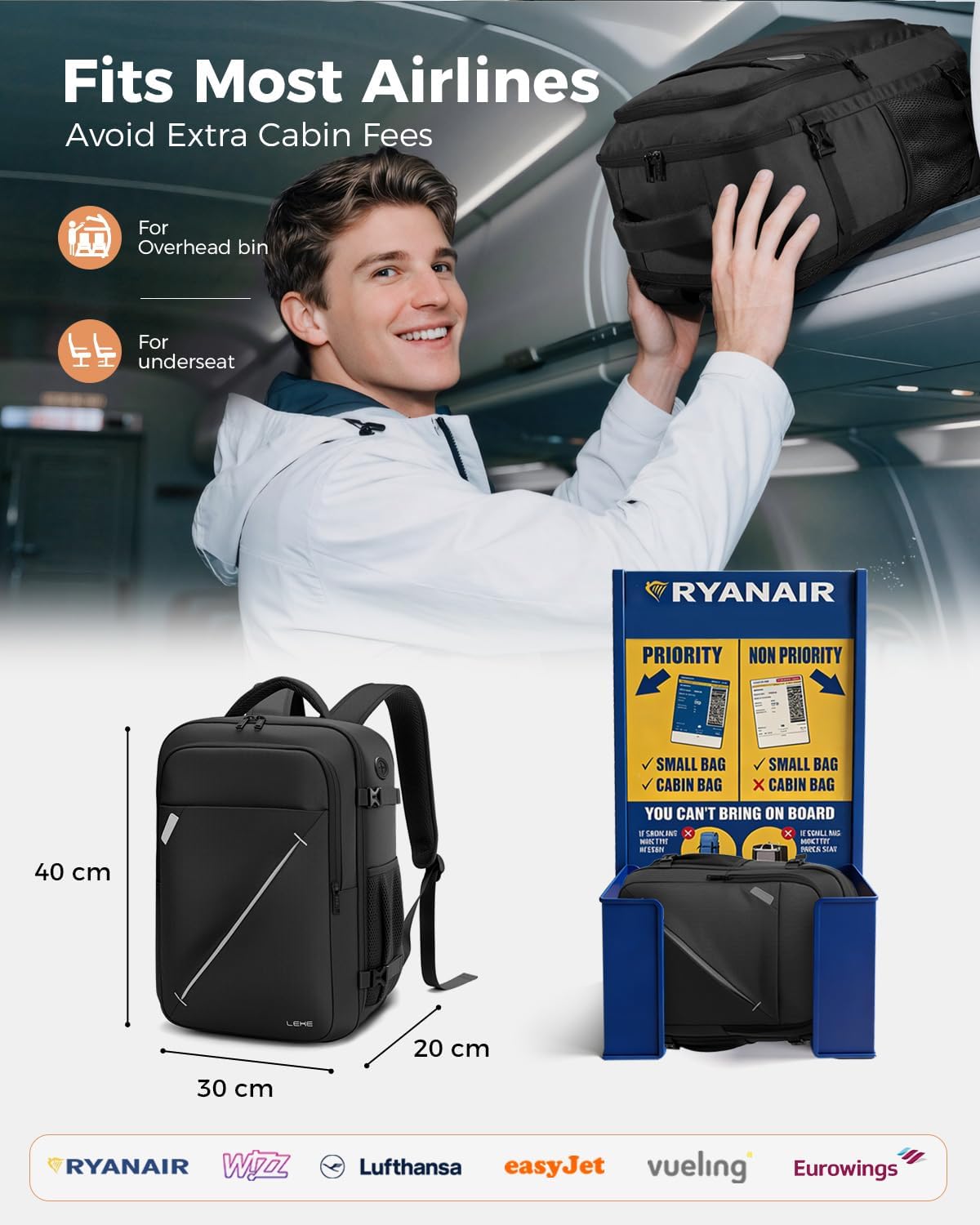 Detalle de Lekespring for Ryanair Cabin Bag 40x30x20 Black: Lightweight, Expandable Underseat Carry-On