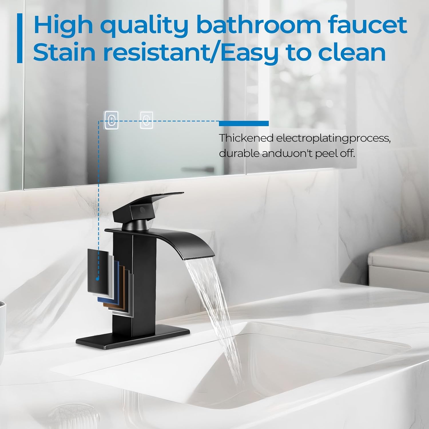 Thumbnail 3 de RNDIOZD Matte Black Waterfall Bathroom Faucet (Single-Handle) with Pop-Up Drain, Deck Plate & Hoses