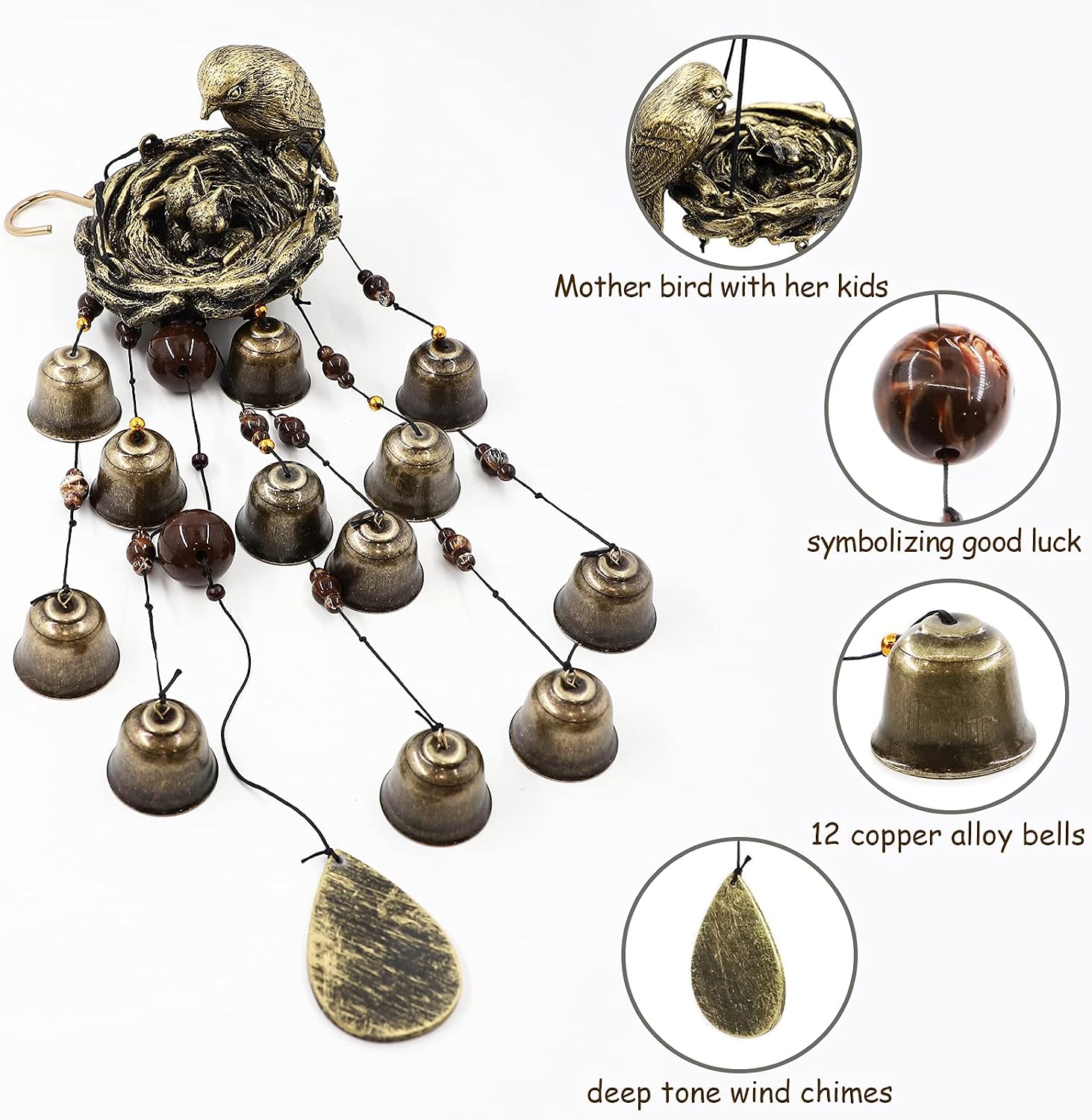 Detalle 2 de Askhald Bird Nest Wind Chime, Bronze Resin Nest and 12 Copper Alloy Bells