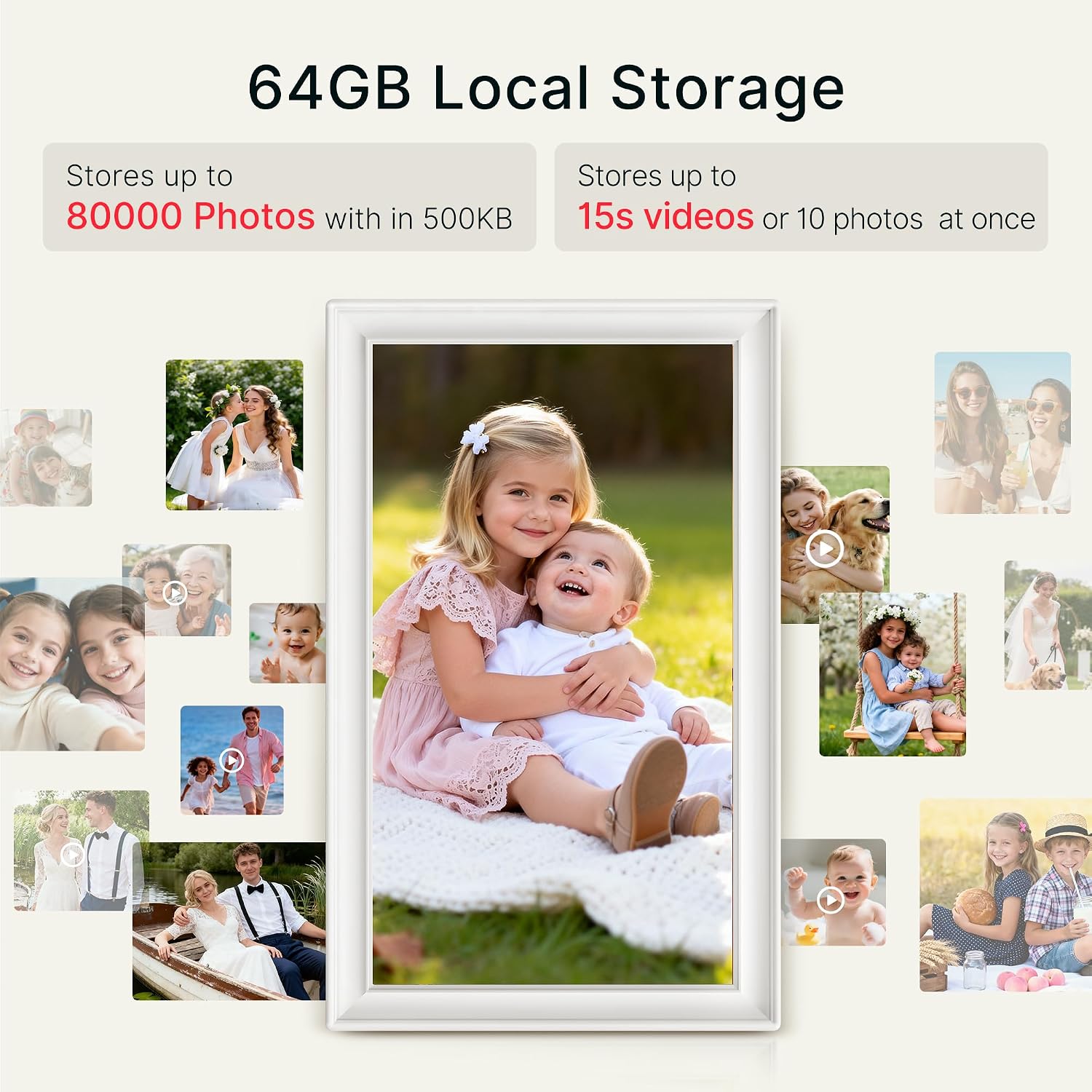 Detalle 1 de Frameo 64GB 15.6" WiFi Digital Photo Frame (Classic White) – 1920×1080 FHD IPS Touch, Auto-Rotate