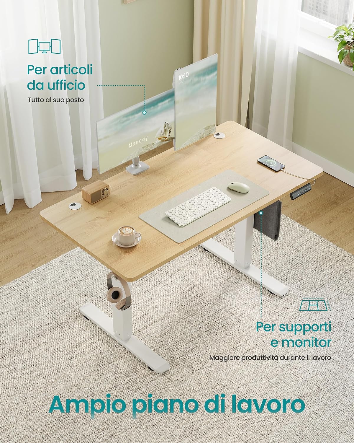 Detalle de SONGMICS Scrivania Regolabile in Altezza Elettrica 120 x 60 cm LSD132YA01: postazione sana con memoria 4 altezze e ricarica USB-C