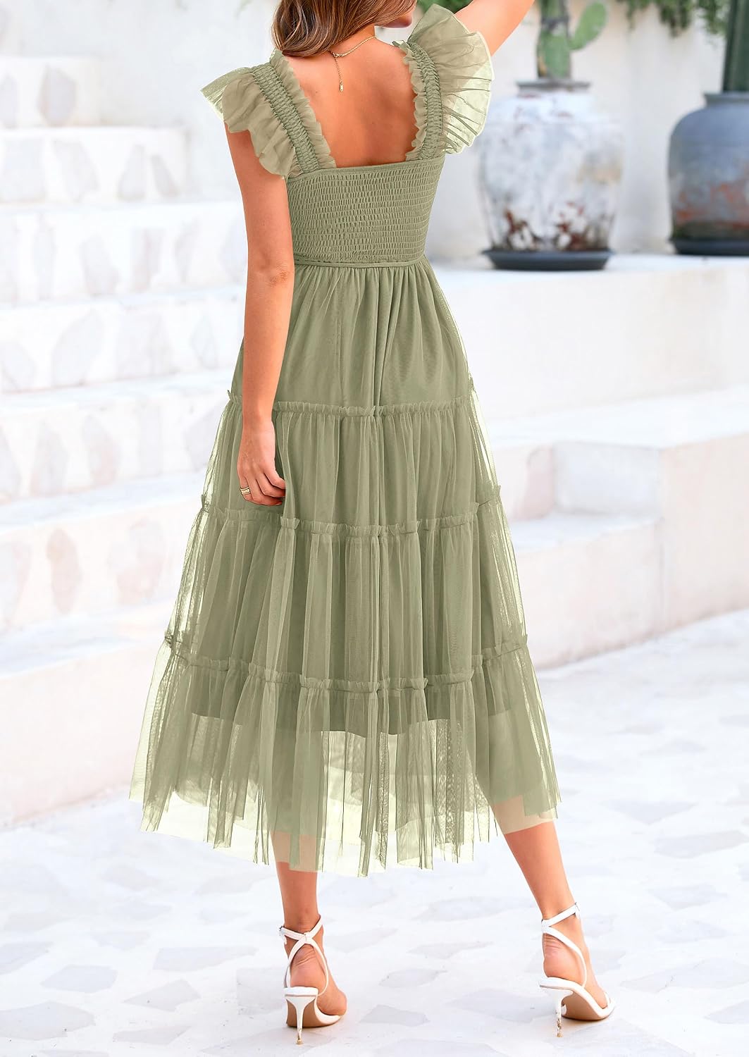Detalle de PRETTYGARDEN Women's Summer Tulle Midi Dress with Sleeveless Smocked Ruffles