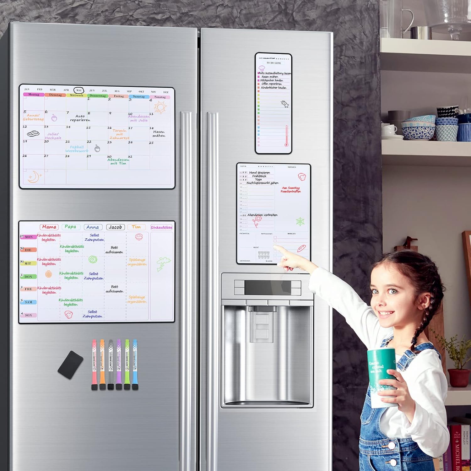 Detalle de POPRUN Whiteboard Magnetisch – 4er-Set Familienplaner inkl. Wochen-, Monats-, Tagesplaner und To-Do-Liste