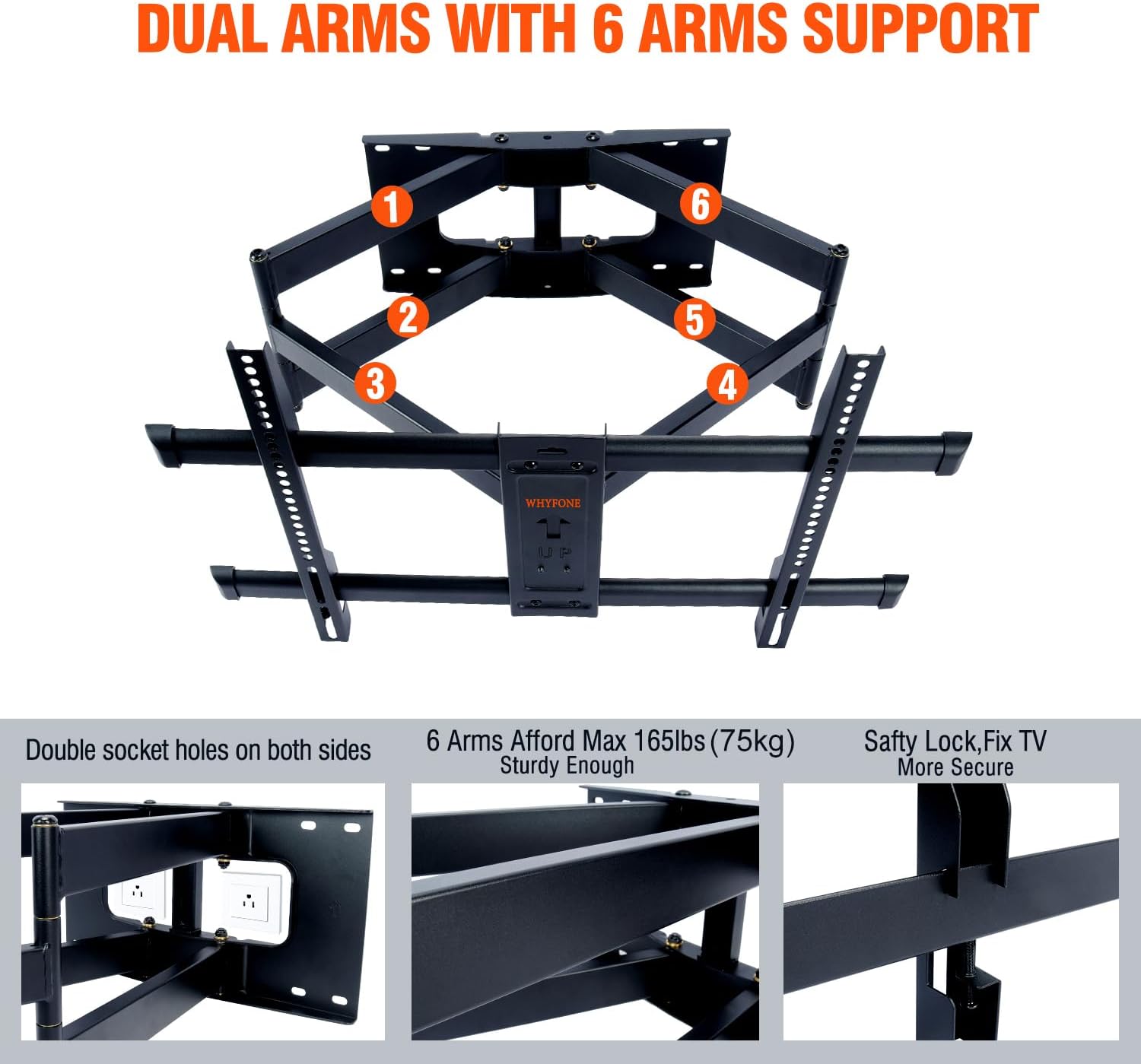 Detalle 2 de WHYFONE WF9456 TV Wall Bracket for 50–90 Inch TVs, 765mm Dual Arms
