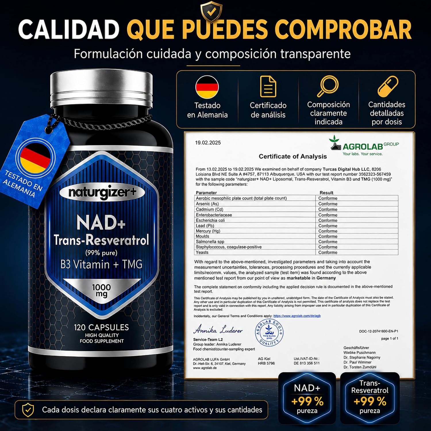 Detalle 2 de Naturgizer+ Advanced Complex 4+1 con NAD+ y trans-resveratrol (120 cápsulas) en tecnología liposomal