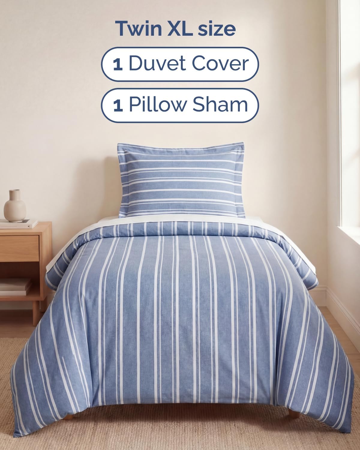 Detalle de Blue Stripes 3 Twin/Twin XL Duvet Cover (68" x 90") with Zipper Closure and Corner Ties