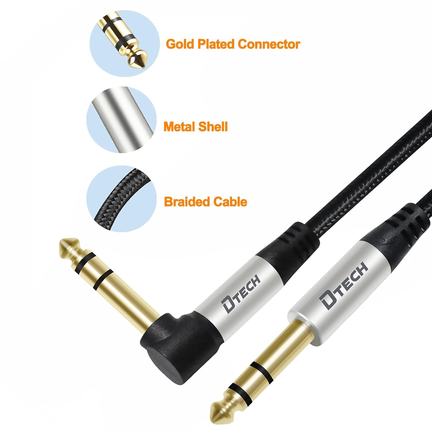 Detalle 2 de DTECH KJ-2964-1.5M 1/4" TRS Instrument Cable, Right-Angle to Straight, Braided