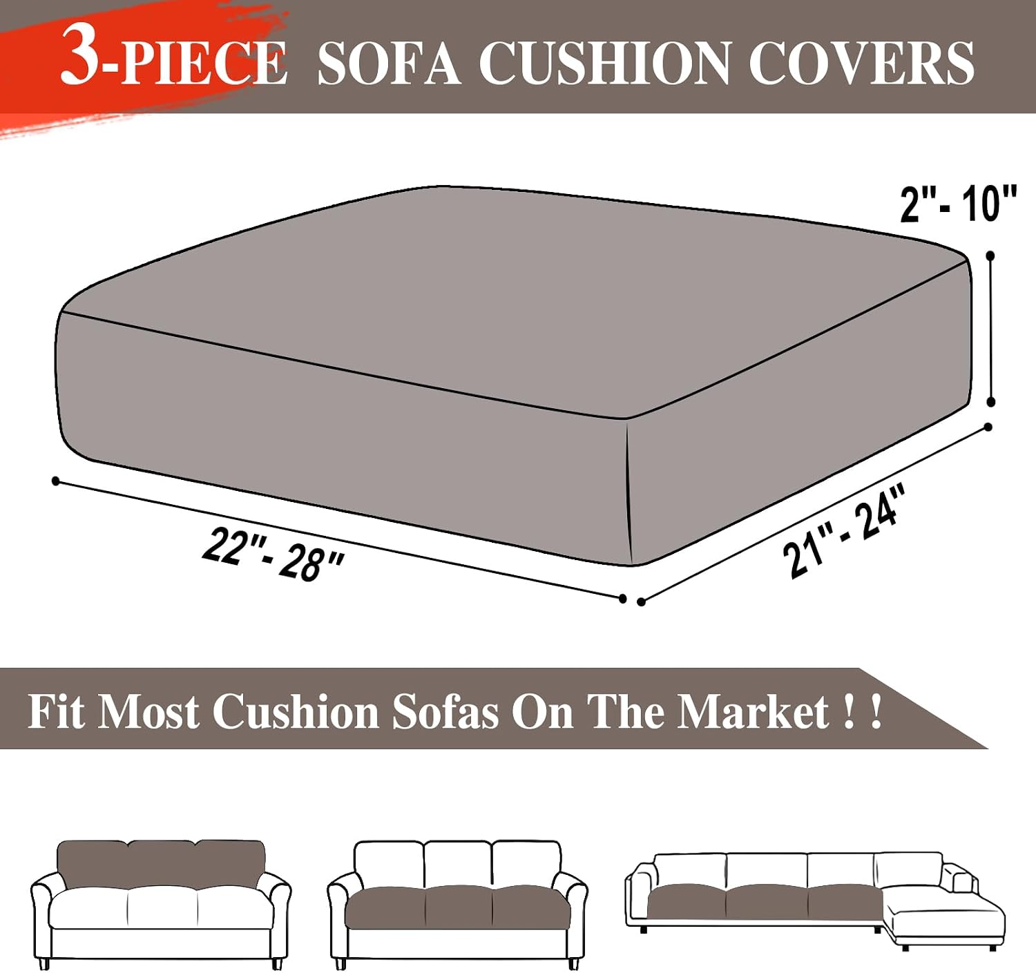 Detalle de LA MEACK 3-Piece Stretch Sofa Cushion Covers, Taupe Polyester-Spandex