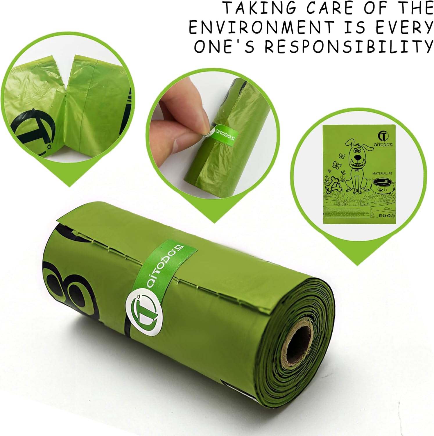 Detalle de AiTodos® 300 Dog Poo Bags, Green PE Refill Rolls, Unscented
