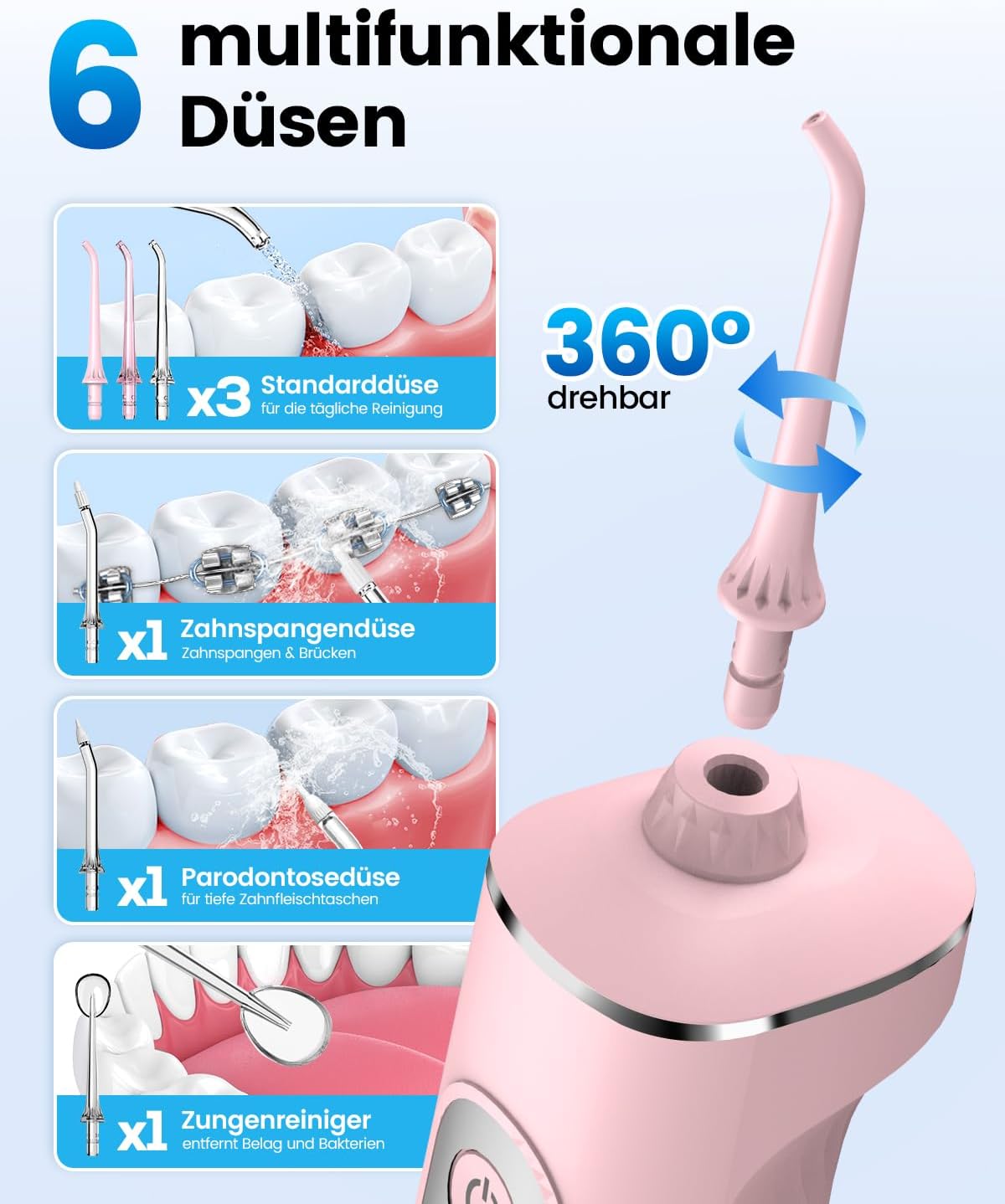 Detalle de JTF Jet Dentaire Hydropulseur Oral — 300 ML Sans Fil, IPX7, 3+1 Modes, Orthodontie et Gencives Sensibles (Rose)