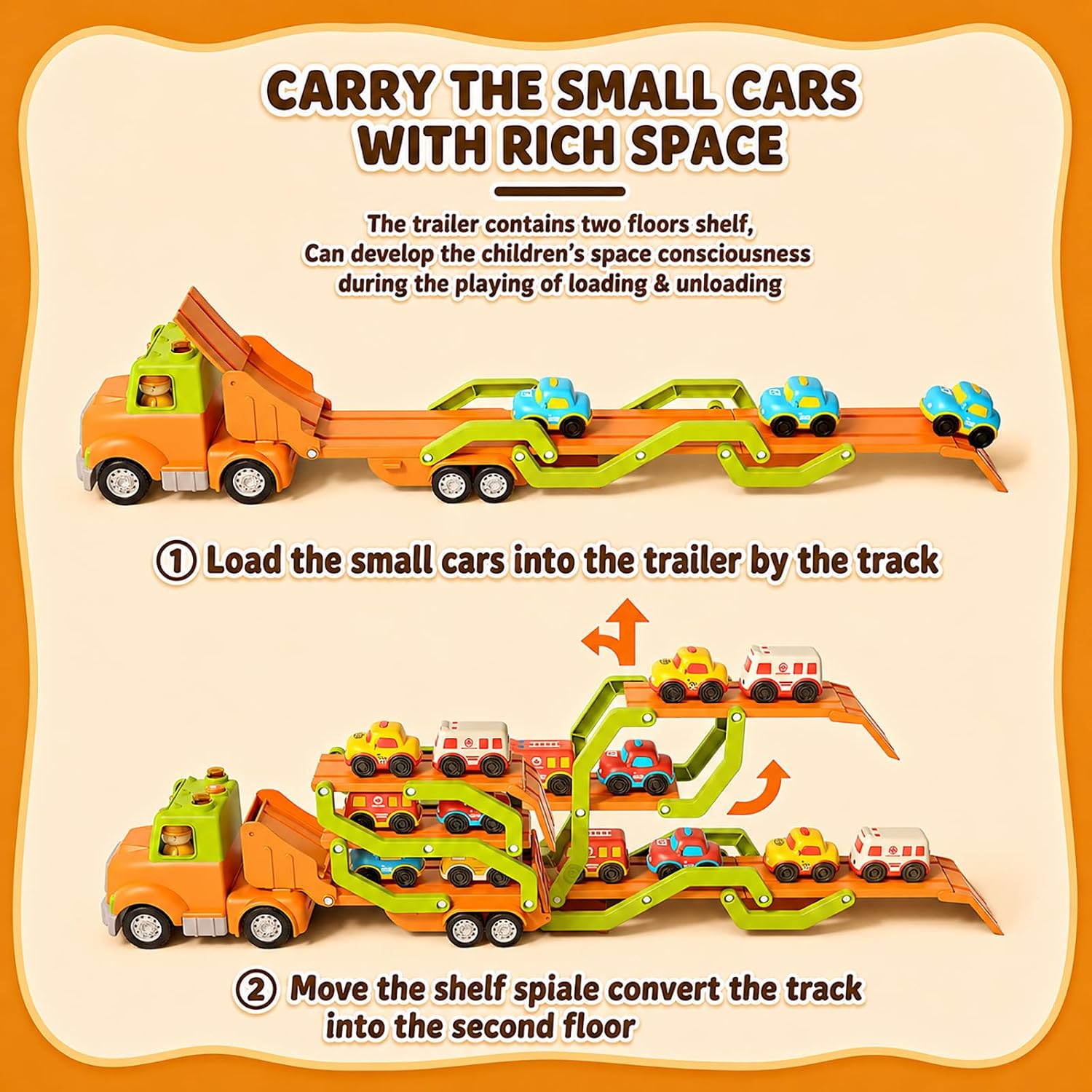 Thumbnail 5 de Veslier 9-in-1 Transport Trailer Toy Set for Toddlers (2–5 Years) With 6 Mini Cars, Foldable 30in Track Trailer, Lights & Sounds