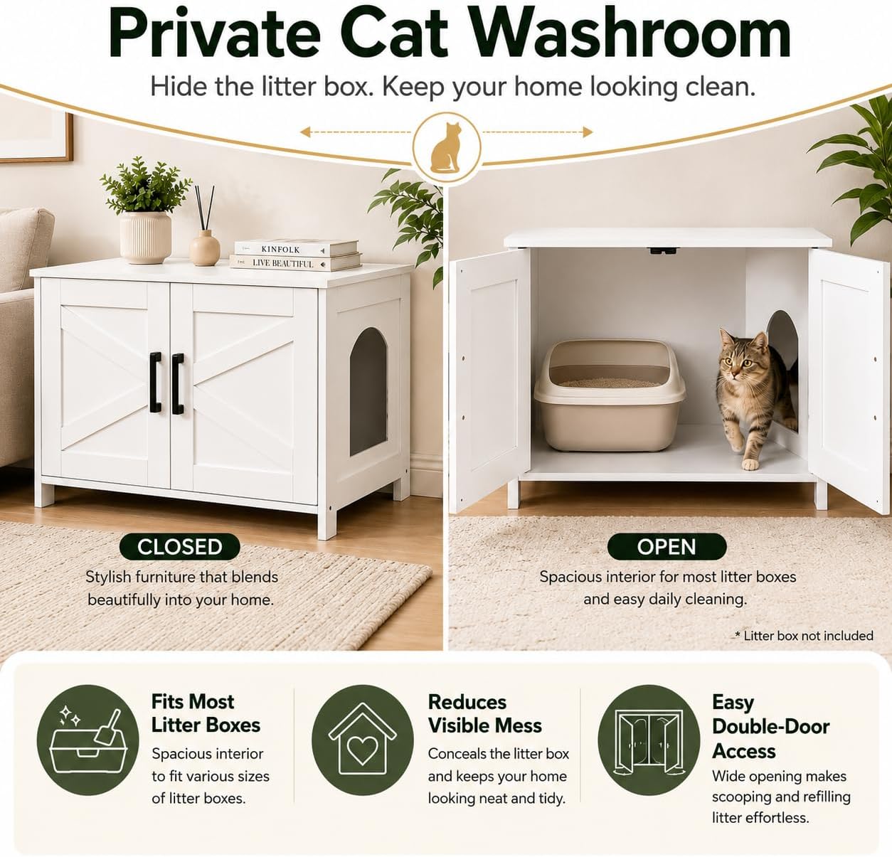 Detalle de Homhedy 31.5-Inch Cat Litter Box Enclosure with Barn Door, White