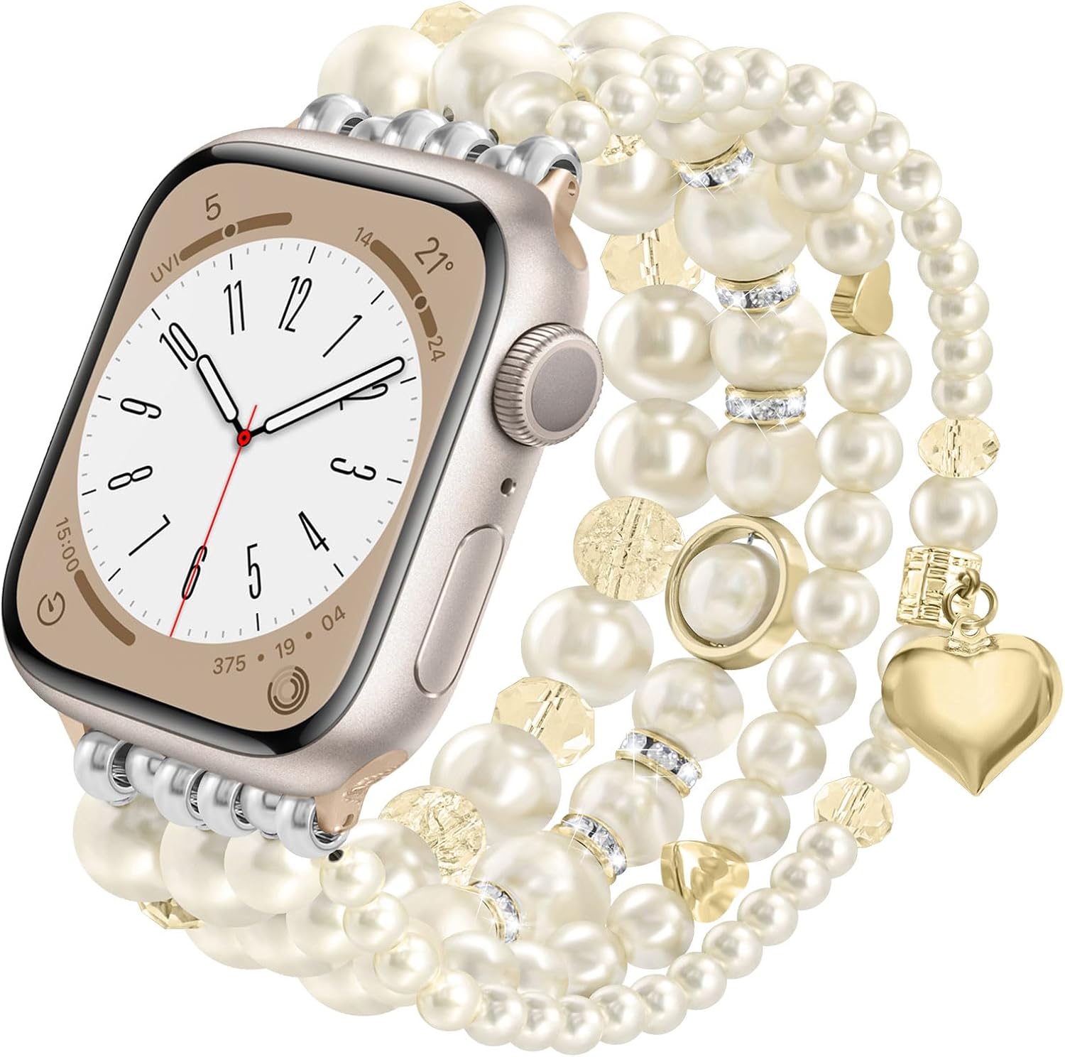 Detalle de VMORO Pearl Bracelet for Apple Watch (40–46mm) – White Pearl Leather Strap for Women