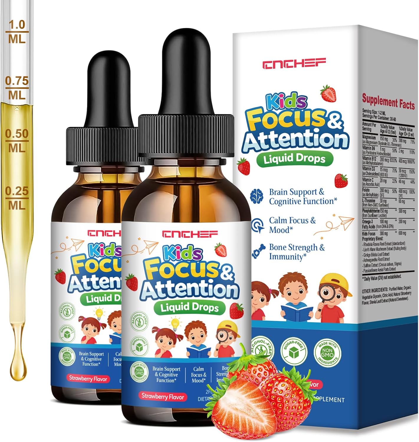 Detalle de CNCHEF Kids Focus and Attention Liquid Drops with Phosphatidylserine, Magnesium and Omega-3