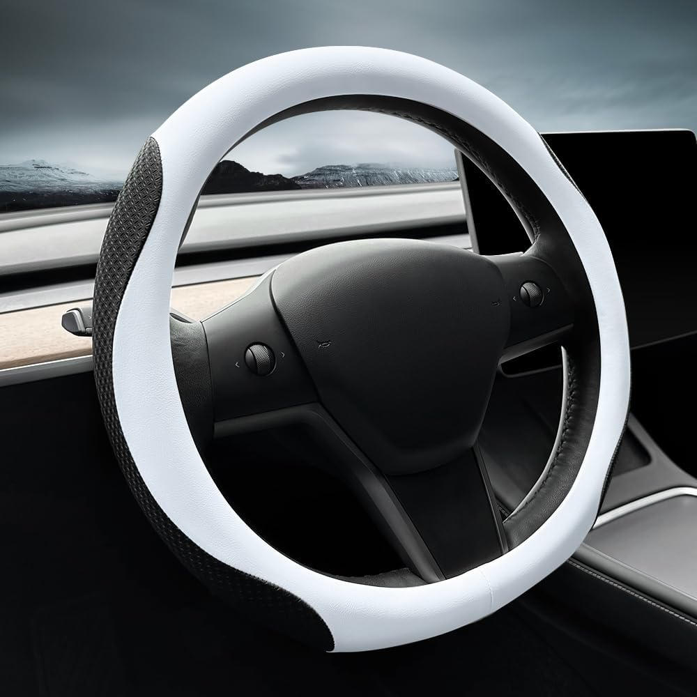 Detalle de LKWLIKEI pokrowiec na kierownicę do Tesli Model 3/Y, biały, skóra nappa