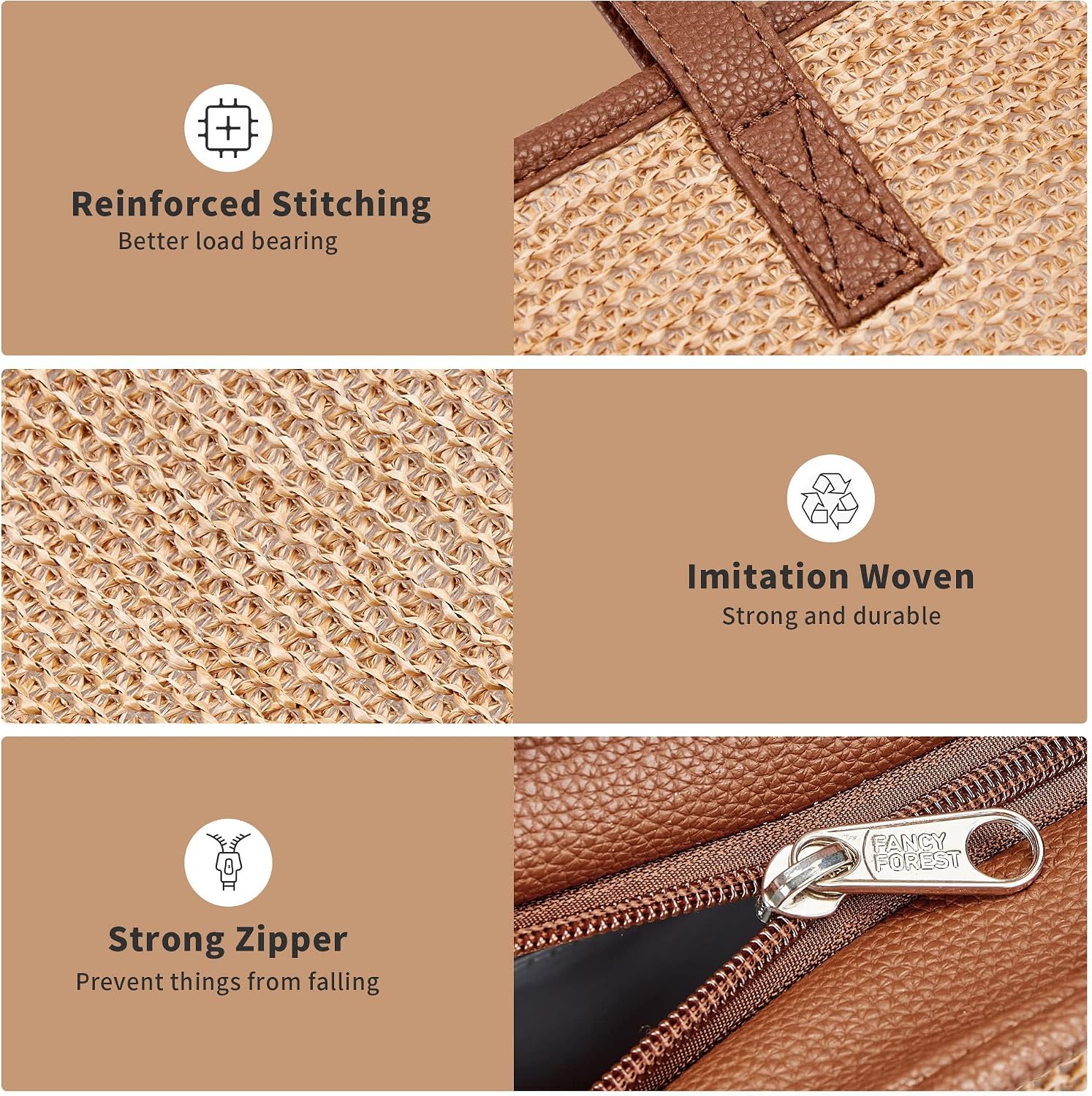 Thumbnail 5 de KALIDI Straw Tote Beach Bag: Striped Shoulder Handbag with PU Leather Handles
