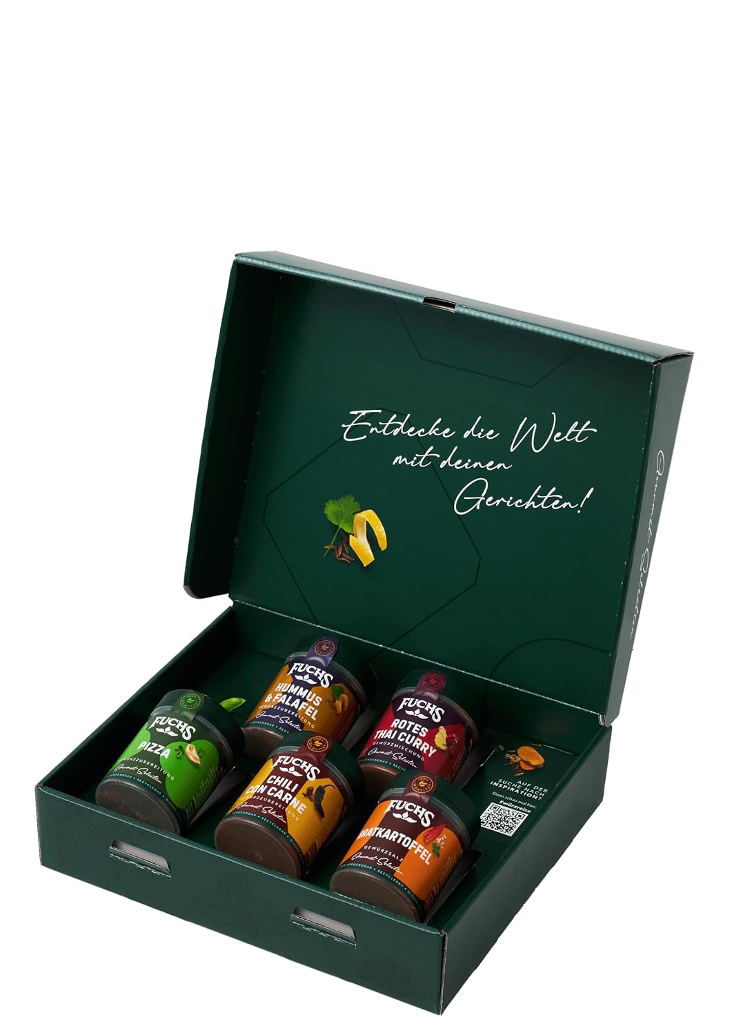 Detalle de Fuchs Gourmet Selection Hot-Box-Geschenkbox mit 5 scharfen Gewürzmischungen aus verschiedenen Länderküchen