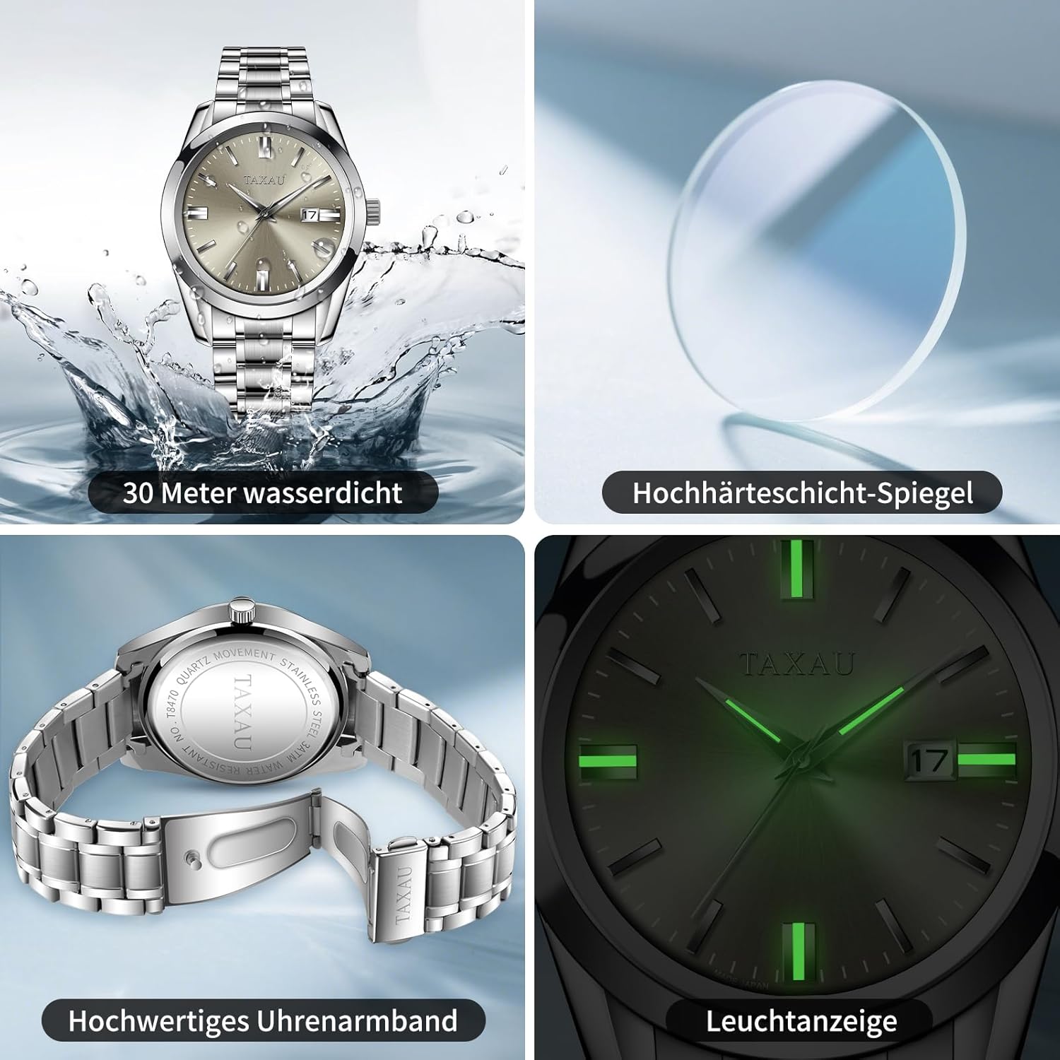 Detalle de Taxau Herren Edelstahl Chronograph Uhr – wasserdicht, Leuchtzeiger & Kalenderfunktion