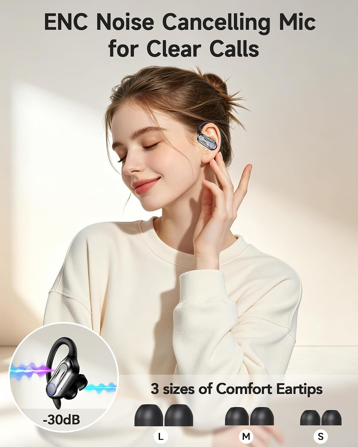 Detalle de Acjohtin Wireless Earbuds with Hooks — 6.1 Bluetooth, 90H Playtime, IPX7, 16.2mm Driver