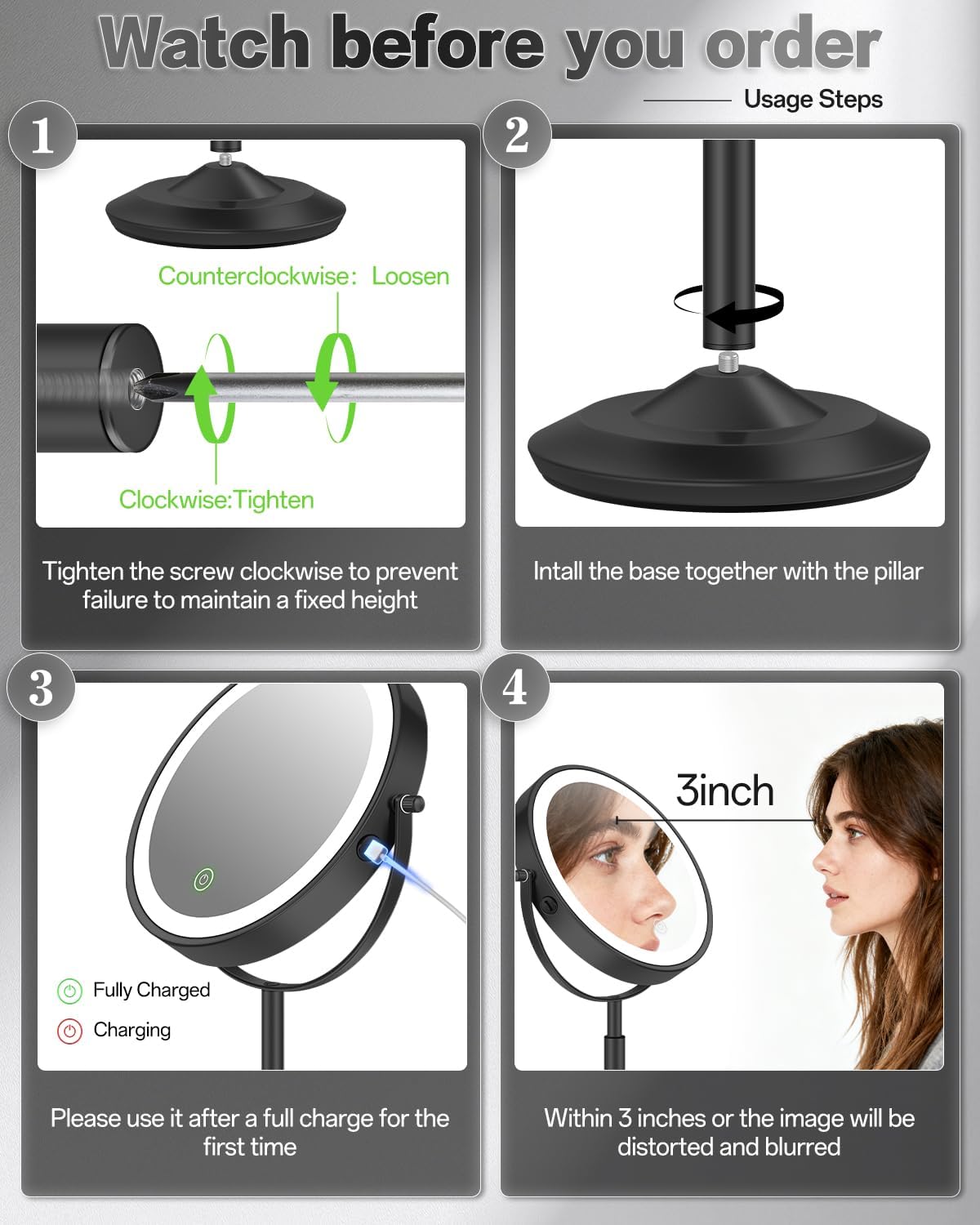 Thumbnail 1 de VFD 30X/1X Lighted Makeup Mirror with Height Adjustment and Rechargeable Battery