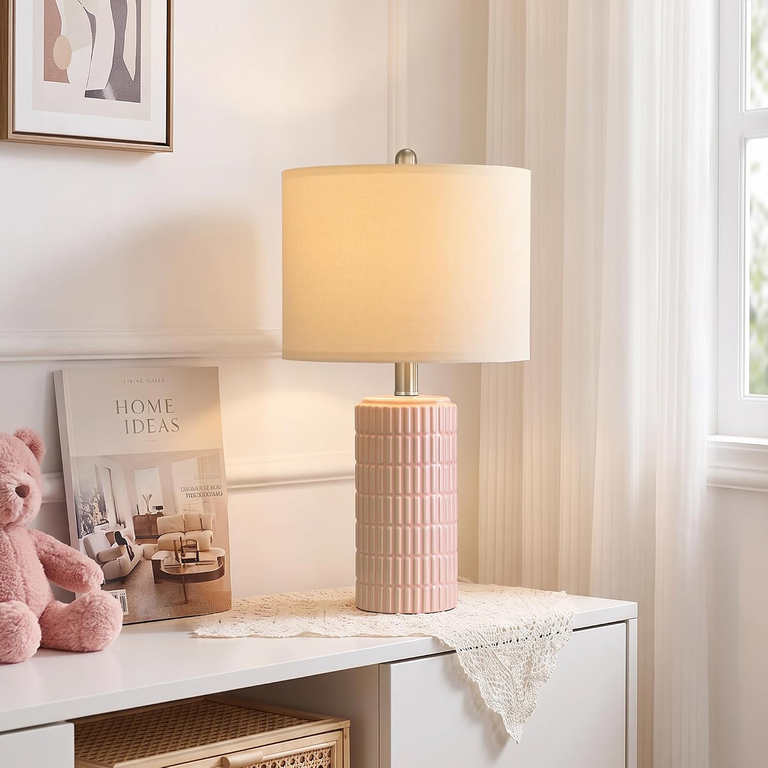 Detalle de PoKat AMZ-T1102S-PK-PCB-1 Ceramic Table Lamp, 21-Inch Pink with Linen Shade