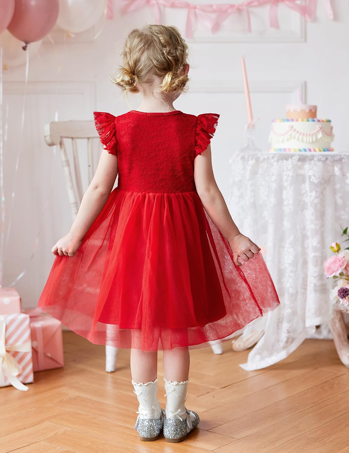 Thumbnail 3 de Arshiner Toddler Lace Dress with Ruffle Sleeves, 3 Layers and Stretch Fabric