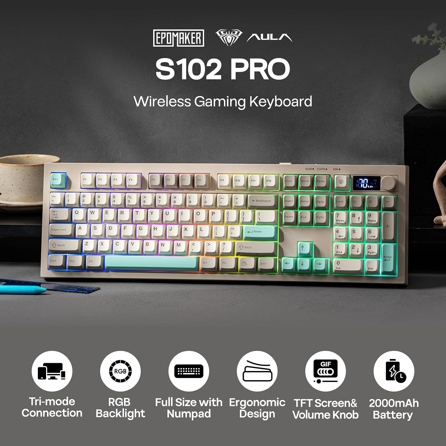 Detalle 2 de EPOMAKER Aula S102 Pro : Clavier Gaming à Membrane avec Écran TFT, Volume et Pavé Numérique – Tri‑Mode, RGB et Silencieux