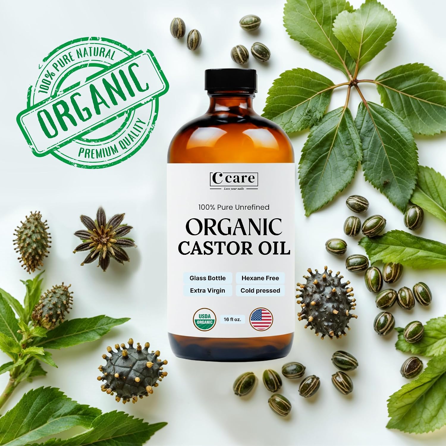 Detalle de 100% Pure Organic Castor Oil, Cold-Pressed Unrefined in Amber Glass Bottle (16oz) – Hexane Free USDA Organic