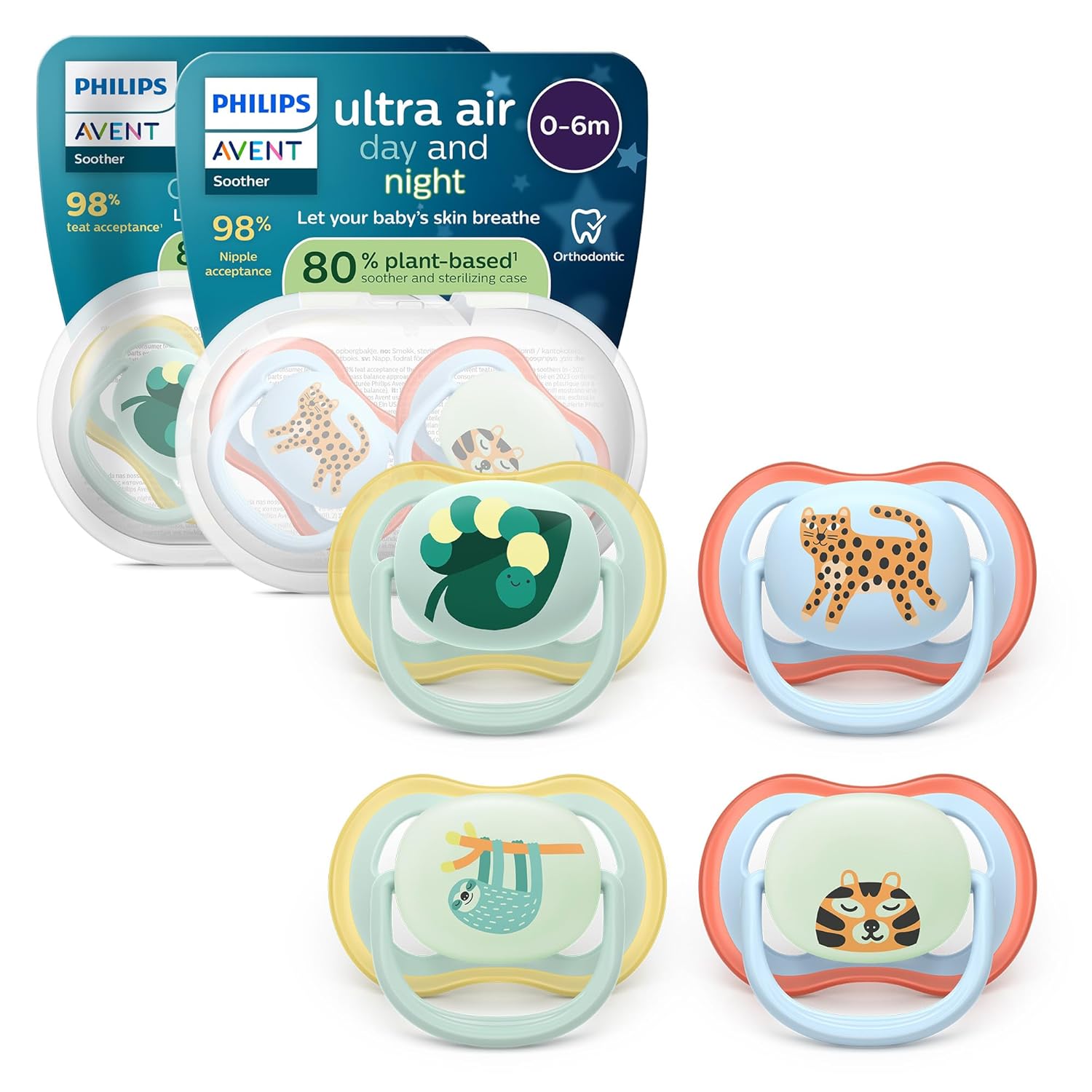 Detalle de Philips Avent Ultra Air Day & Night Schnuller 0–6 Monate – kiefergerecht, leuchtet im Dunkeln, 4er-Pack (SCF087/22)