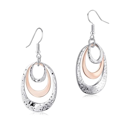 Detalle de Aliyoham Hammered Triple Oval Drop Earrings for Women, Silver & Rose Gold