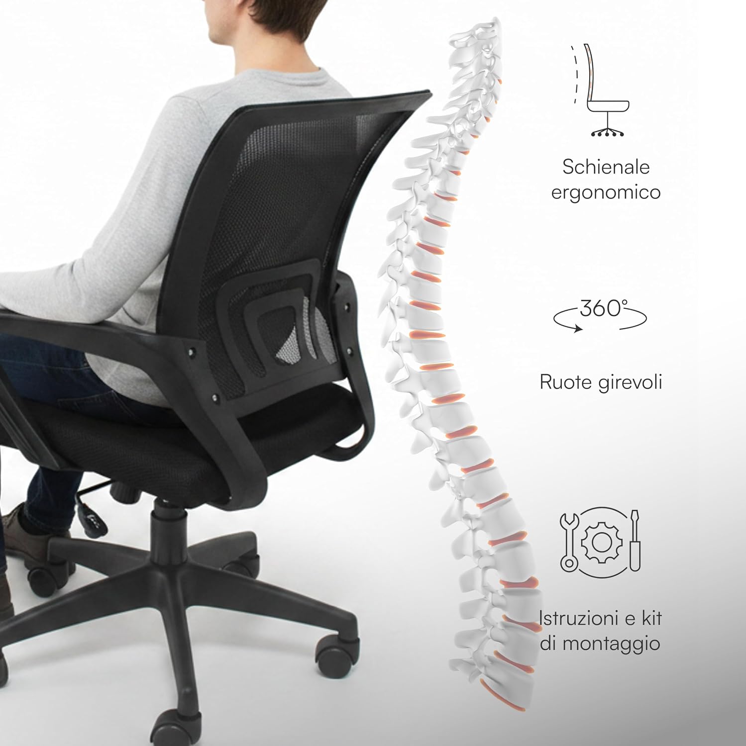 Thumbnail 4 de Baroni Home Sedia da Ufficio Ergonomica con Supporto Lombare, Schienale Traspirante e Braccioli Reclinabili