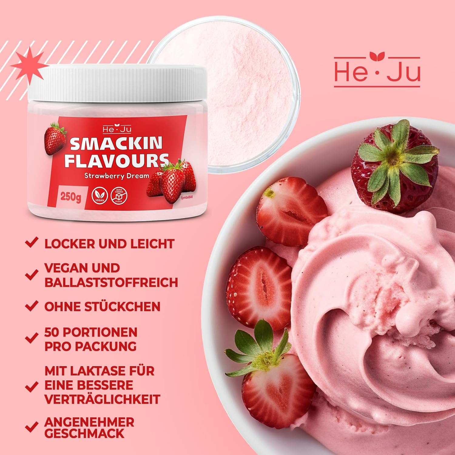 Thumbnail 6 de He-Ju Flavour Pulver Erdbeere (vegan) 250 g – zuckerfrei zum Süßen mit Erdbeer-Geschmack