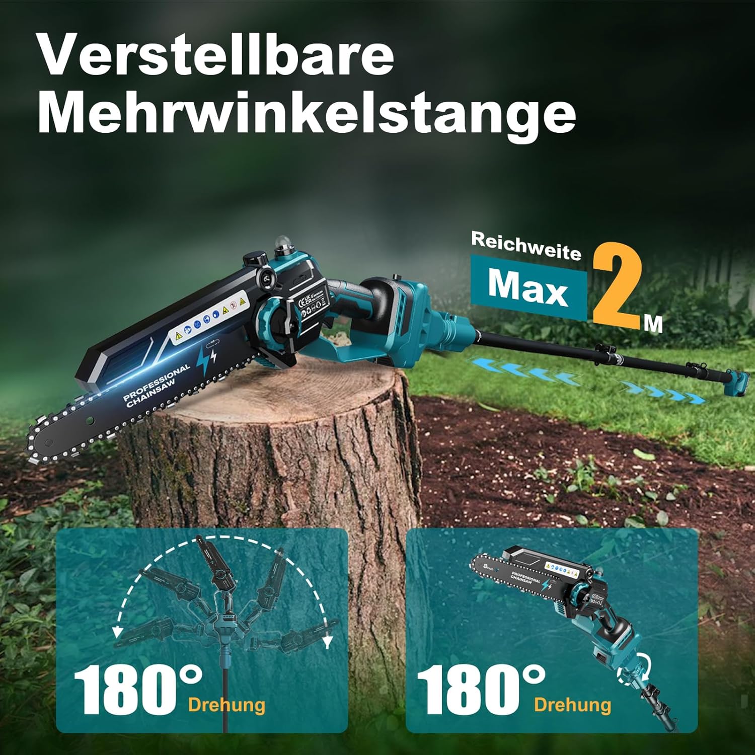 Detalle de 2-in-1 Mini Kettensäge 8 Zoll mit Teleskopstange – kabellos, 1200W, 4 m Reichweite